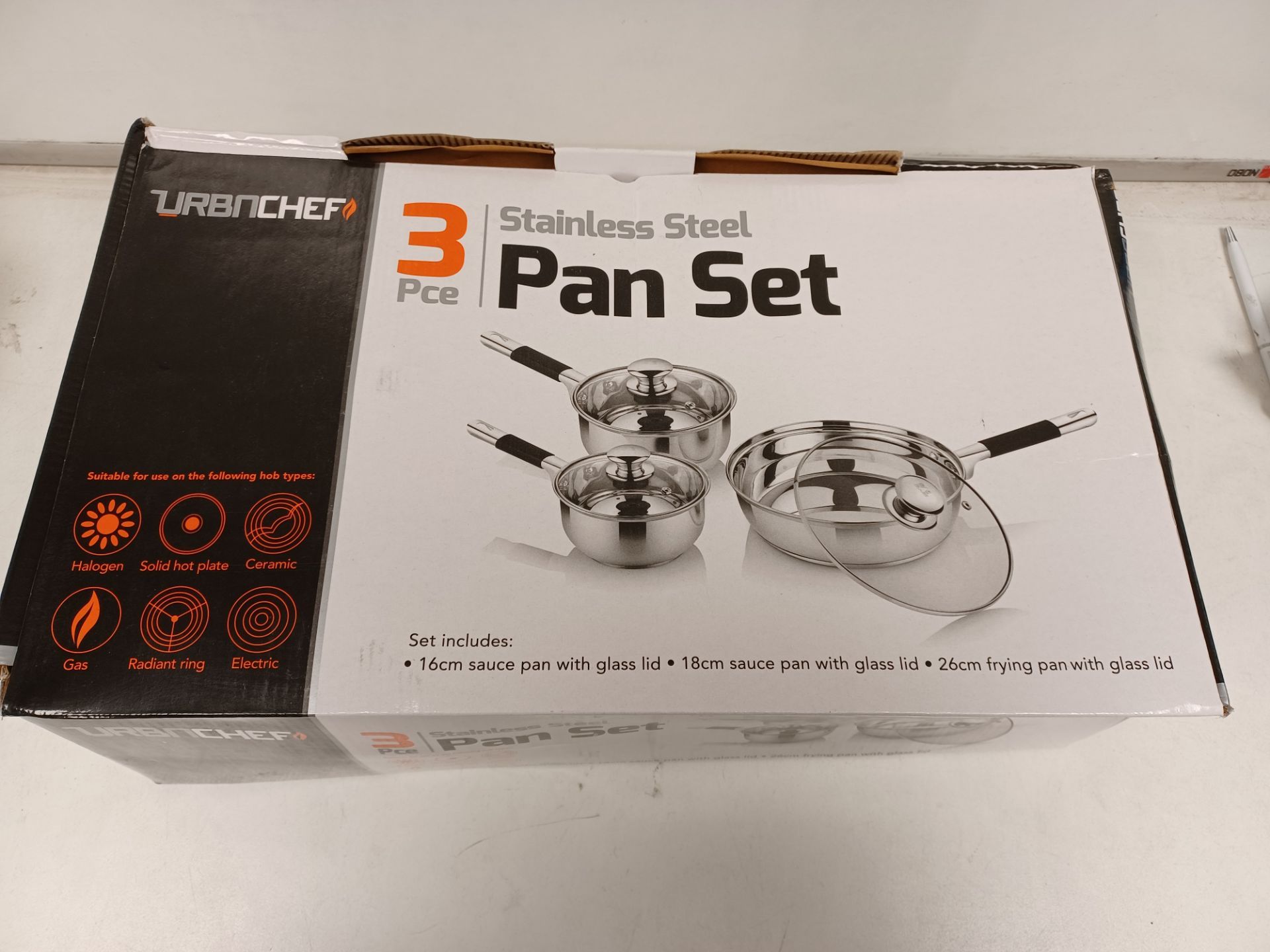 3 X BOXED SETS OF URBNCHEF 3 PIECE STAINLESS STEEL PAN SETS. EACH SET INCLUDES: 16CM SAUCE PAN