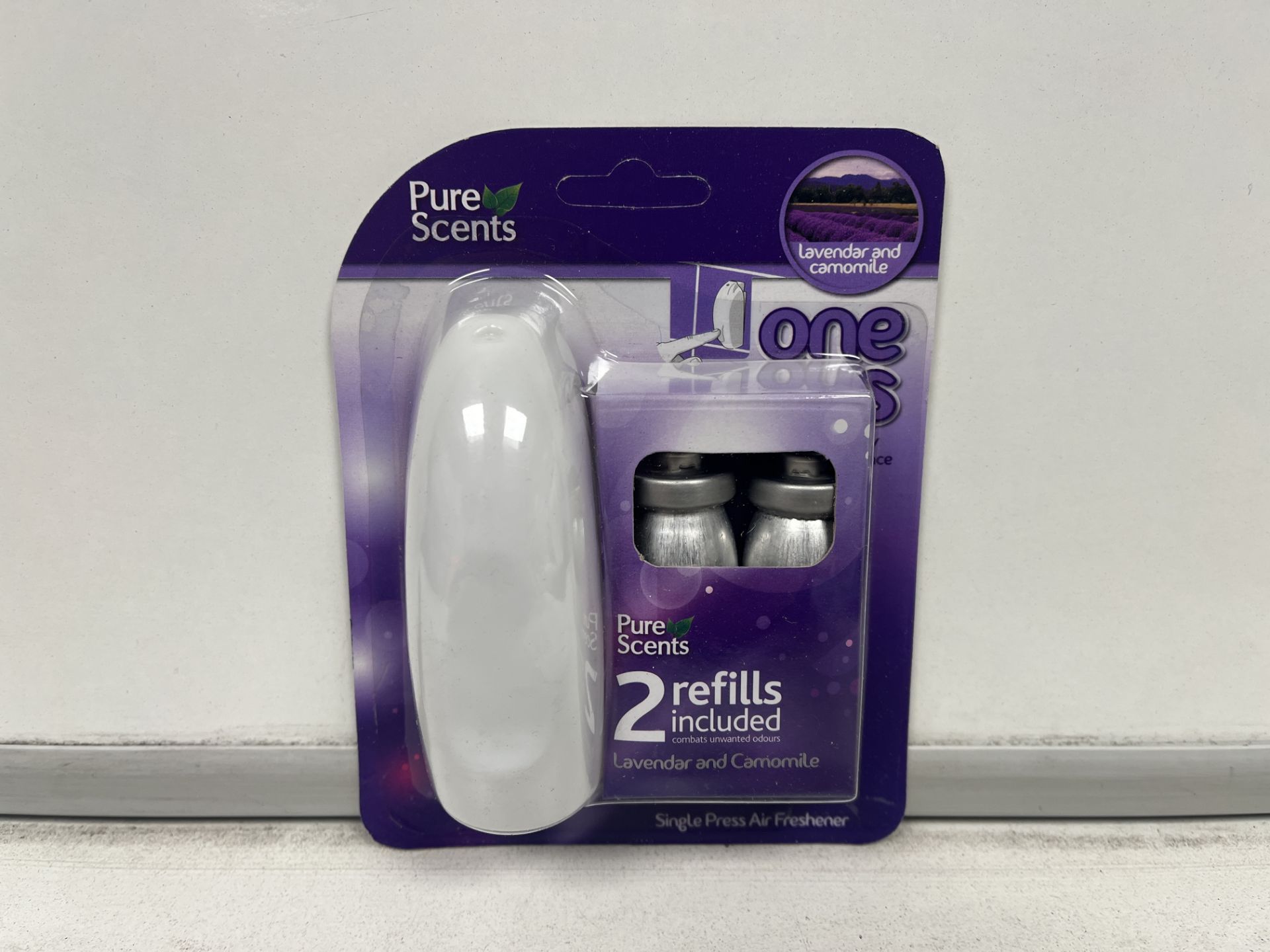 96 X NEW SETS OF PURESCENTS SINGLE PRESS AIR FRESHNERS. EACH INCLUDES 2 REFILLS. ASSORTED SCENTS.