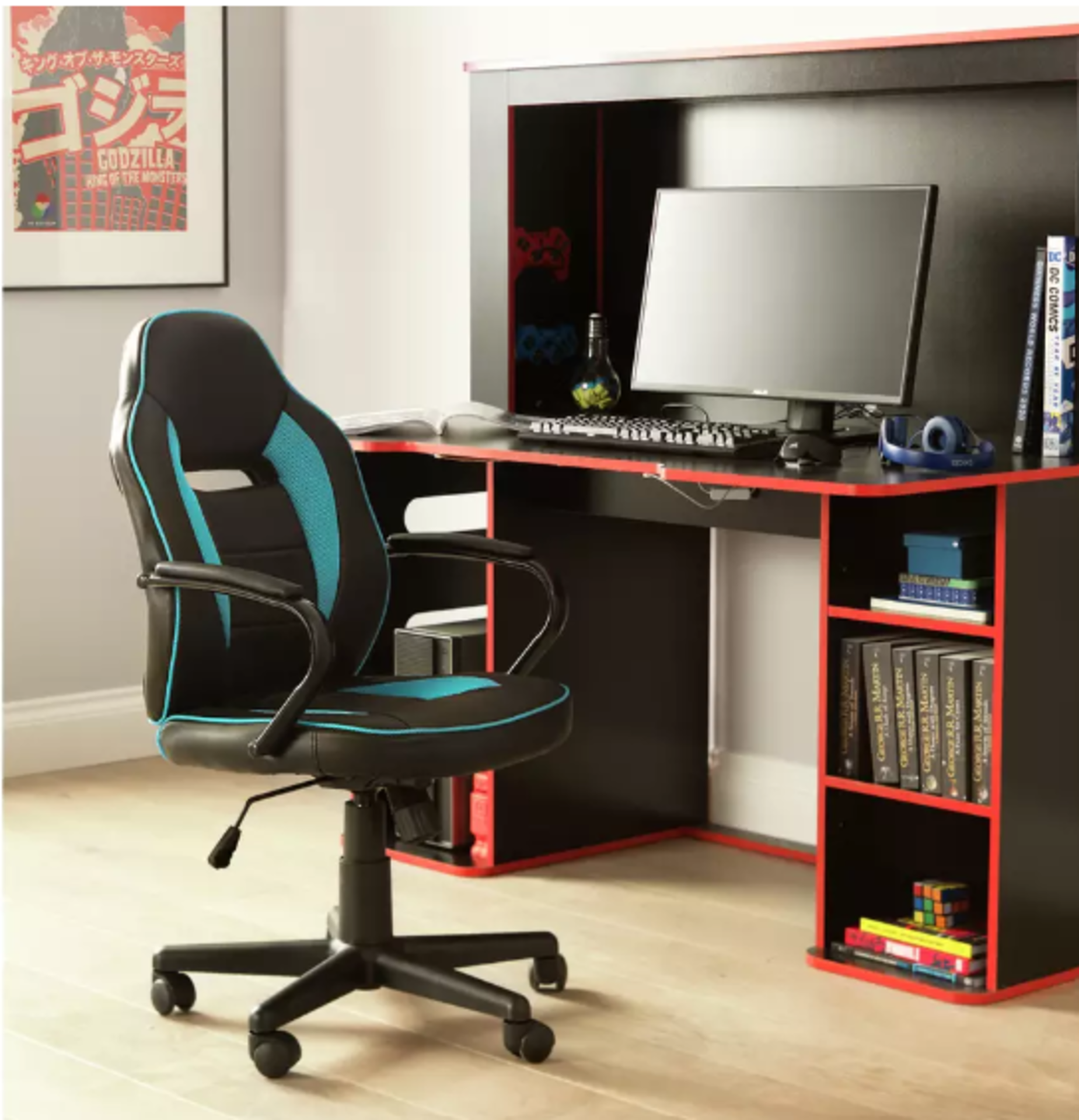 Argos Home Faux Leather Mid Back Gaming Chair - Blue & Black. RRP £125.00. Stay in the game and play - Image 2 of 2