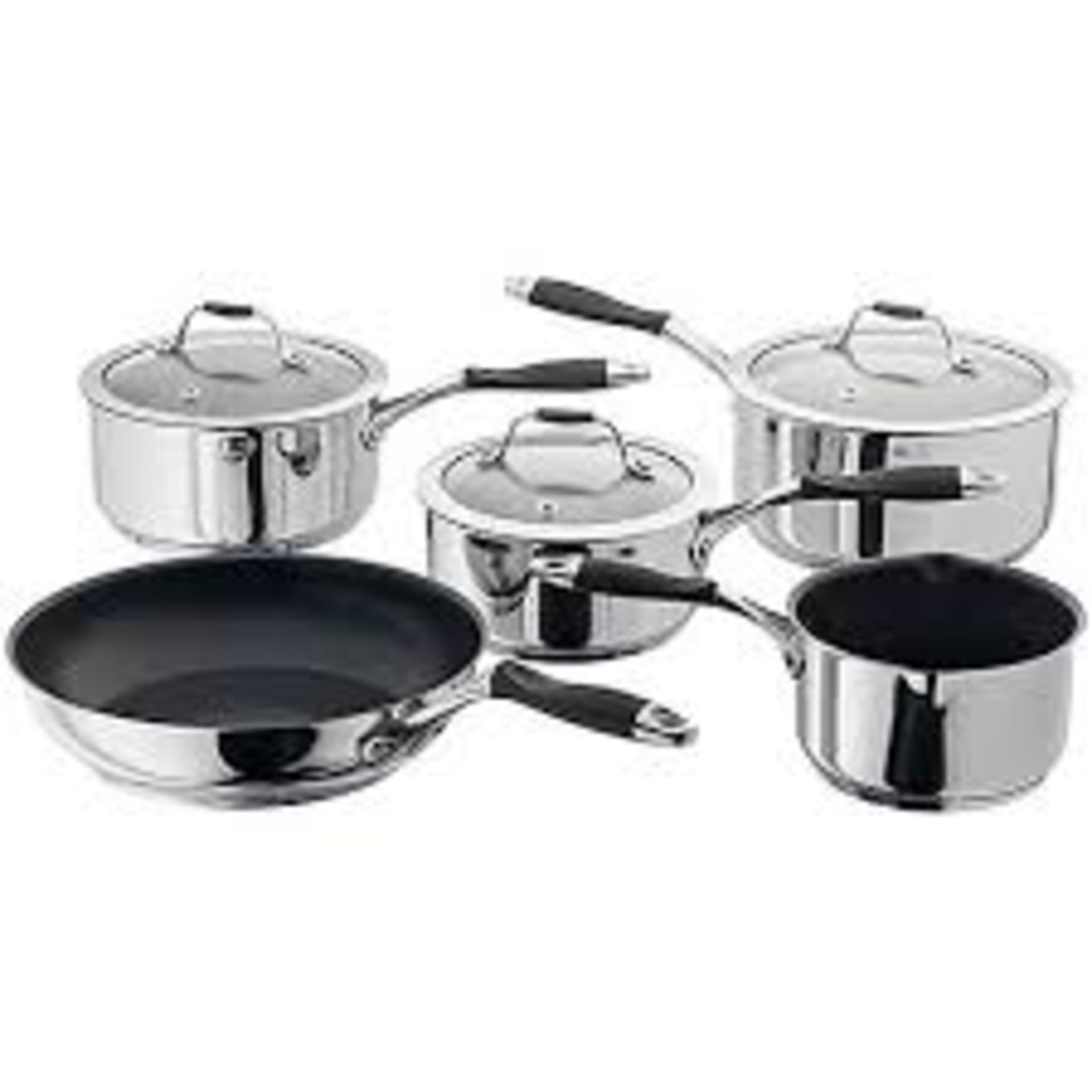 BOXED URBNCHEF 5 PIECE STAINLESS STEEL PAN SETS. EACH SET INCLUDES: 16CM SAUCE PAN WITH GLASS LID, - Image 2 of 2