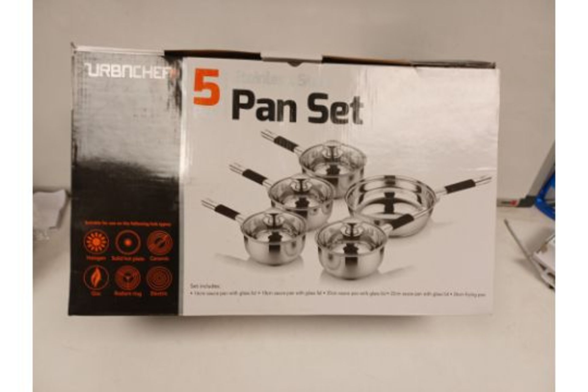 BOXED SET OF URBNCHEF 5 PIECE STAINLESS STEEL PAN SETS. EACH SET INCLUDES: 16CM SAUCE PAN WITH GLASS