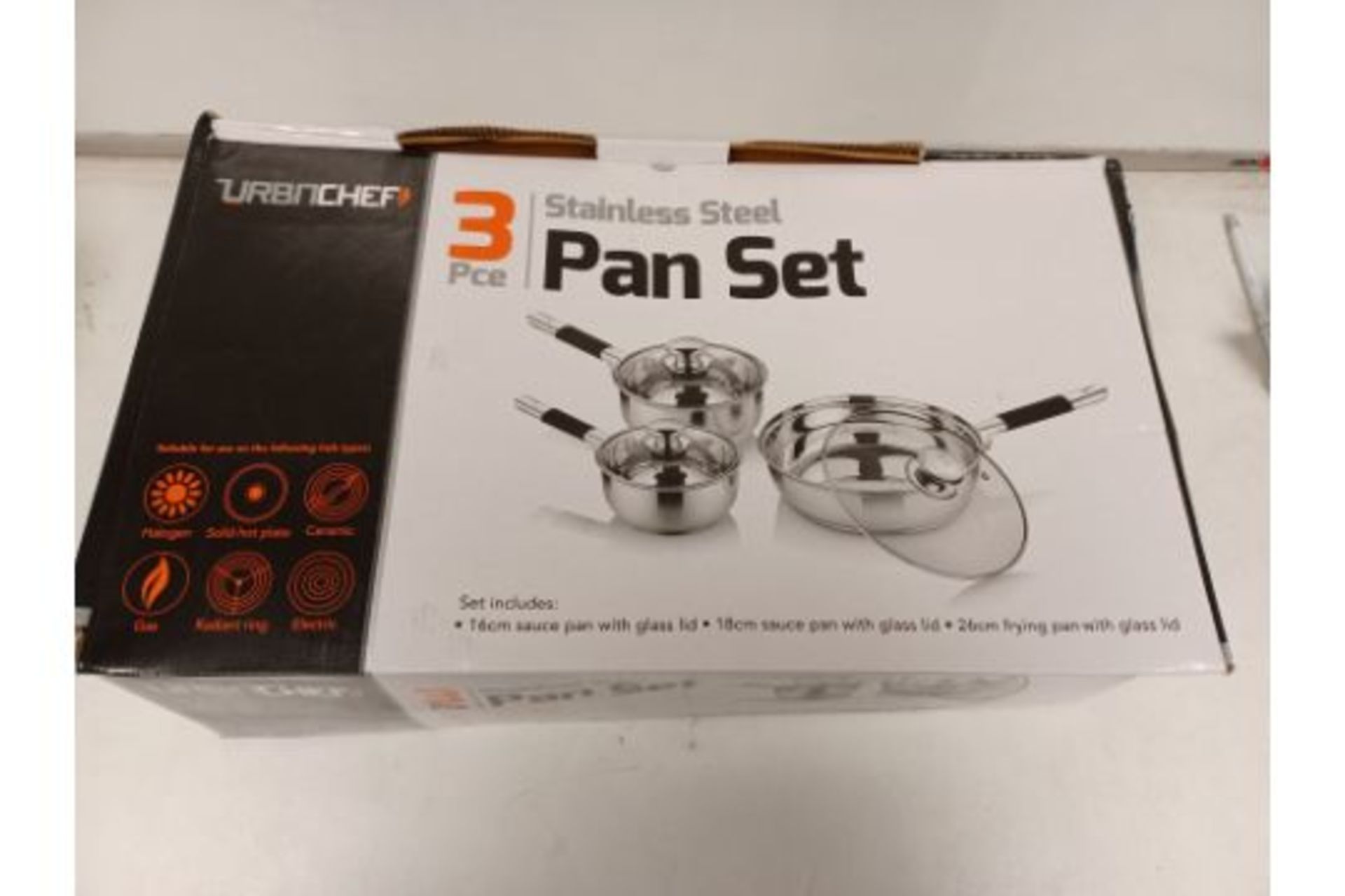 2 X BOXED SETS OF URBNCHEF 3 PIECE STAINLESS STEEL PAN SETS. EACH SET INCLUDES: 16CM SAUCE PAN