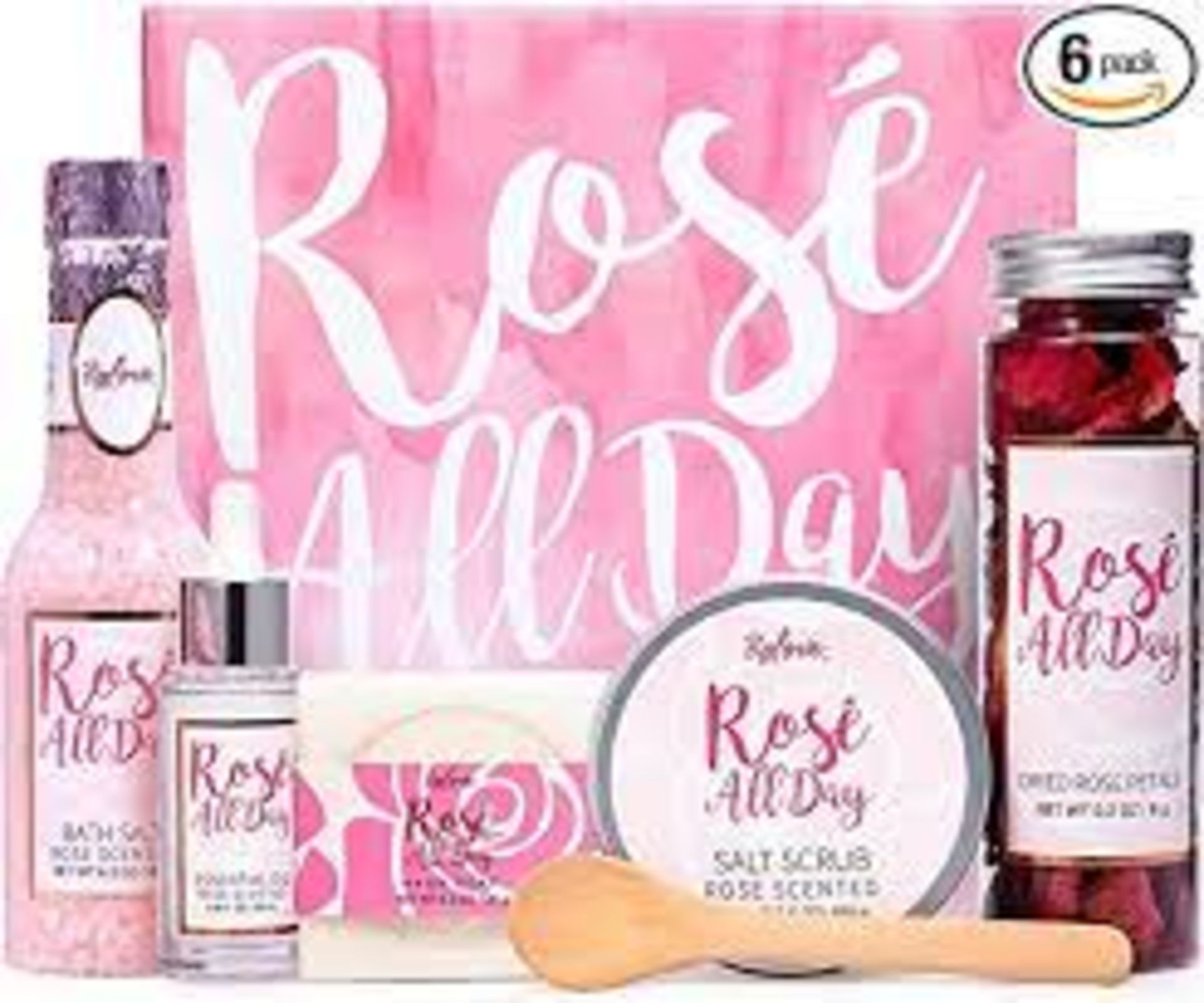 4 X NEW PACKAGED 6 Piece Rose Bath Gift Box. (SKU: SPA-6-ROSE). 6 Pcs Bath Gift Baskets: Our