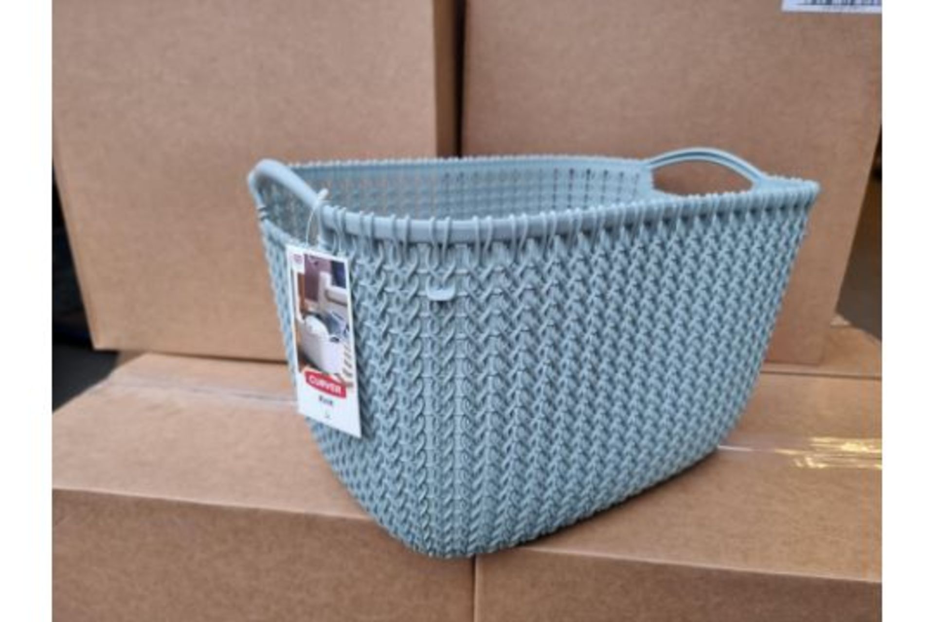 PALLET TO CONTAIN 100 X NEW PACKAGED Curver Knit Rectangular Storage Basket - 19 Litres, Misty Blue.