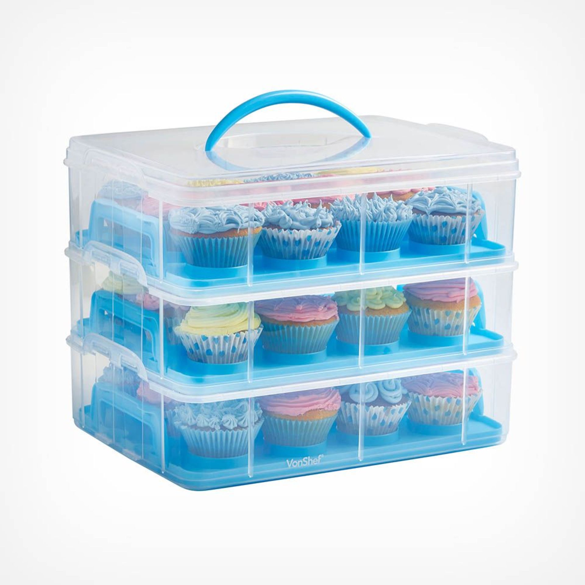 3 Tier Cupcake Carrier Blue. With this extremely handy carrier, you can store and transport up to 36