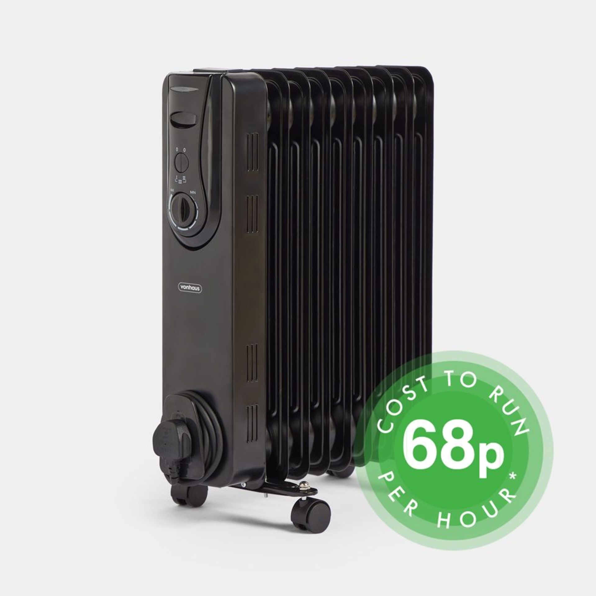 9 Fin 2000W Oil Filled Radiator - Black Features 9 oil-filled fins to effectively heat small, medium