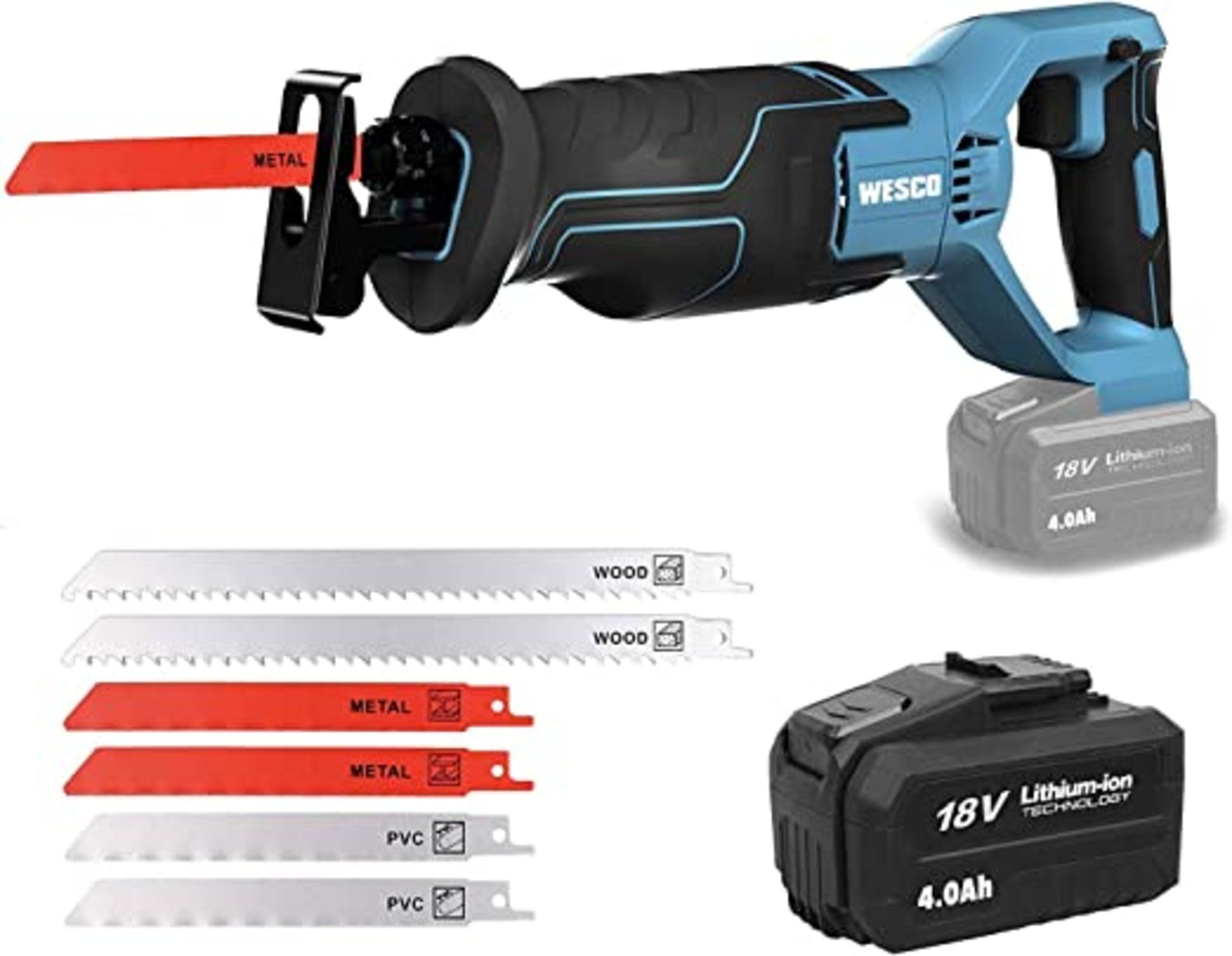 New Boxed WESCO Cordless Reciprocating Saw 18V, 4.0Ah Li-Ion Battery, 0-3000SPM Variable Speed, 20mm