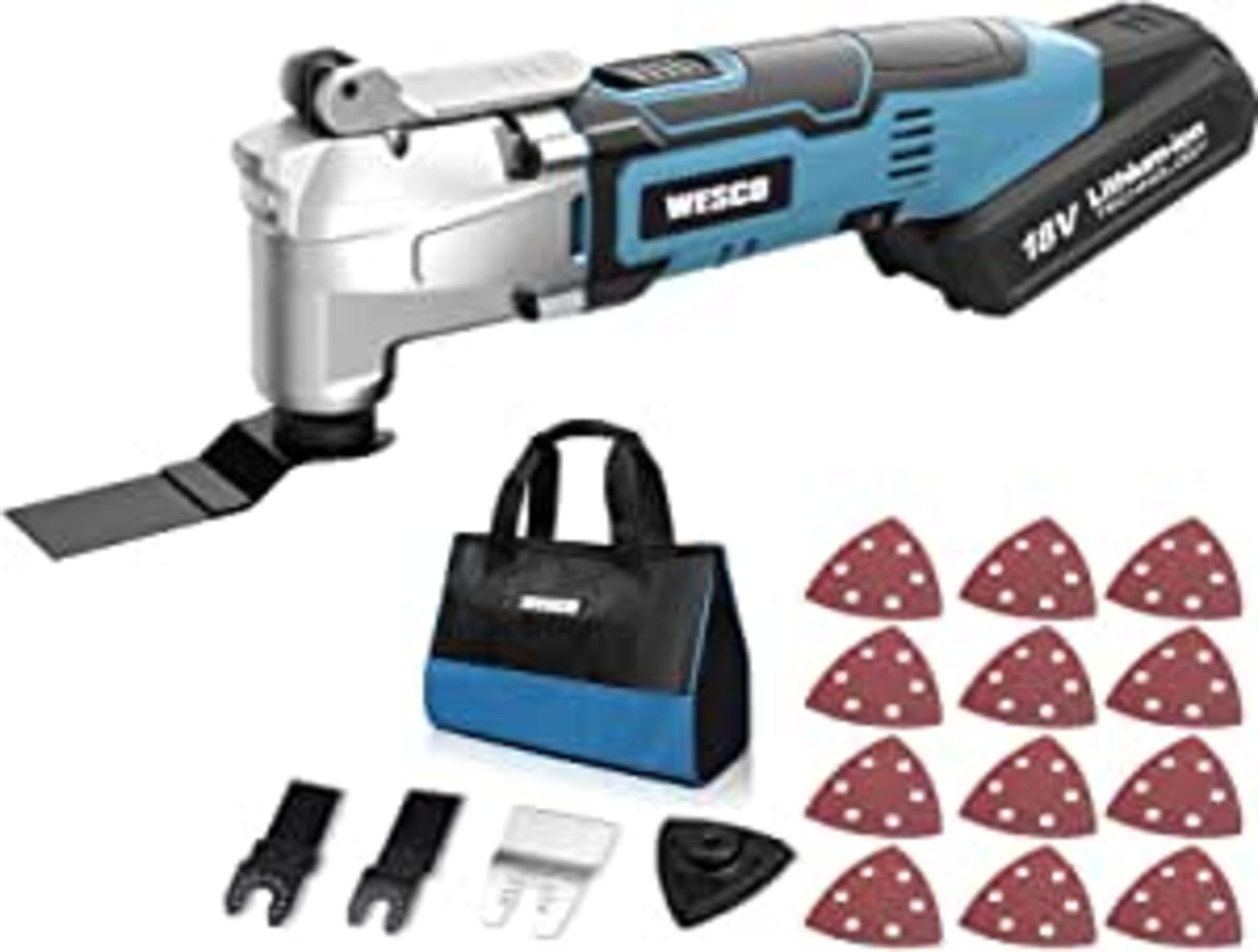 New Boxed WESCO 20V Cordless Oscillating Tool Kit, 2.0 Ah Oscillating Multi-Tool, 3° Oscillation