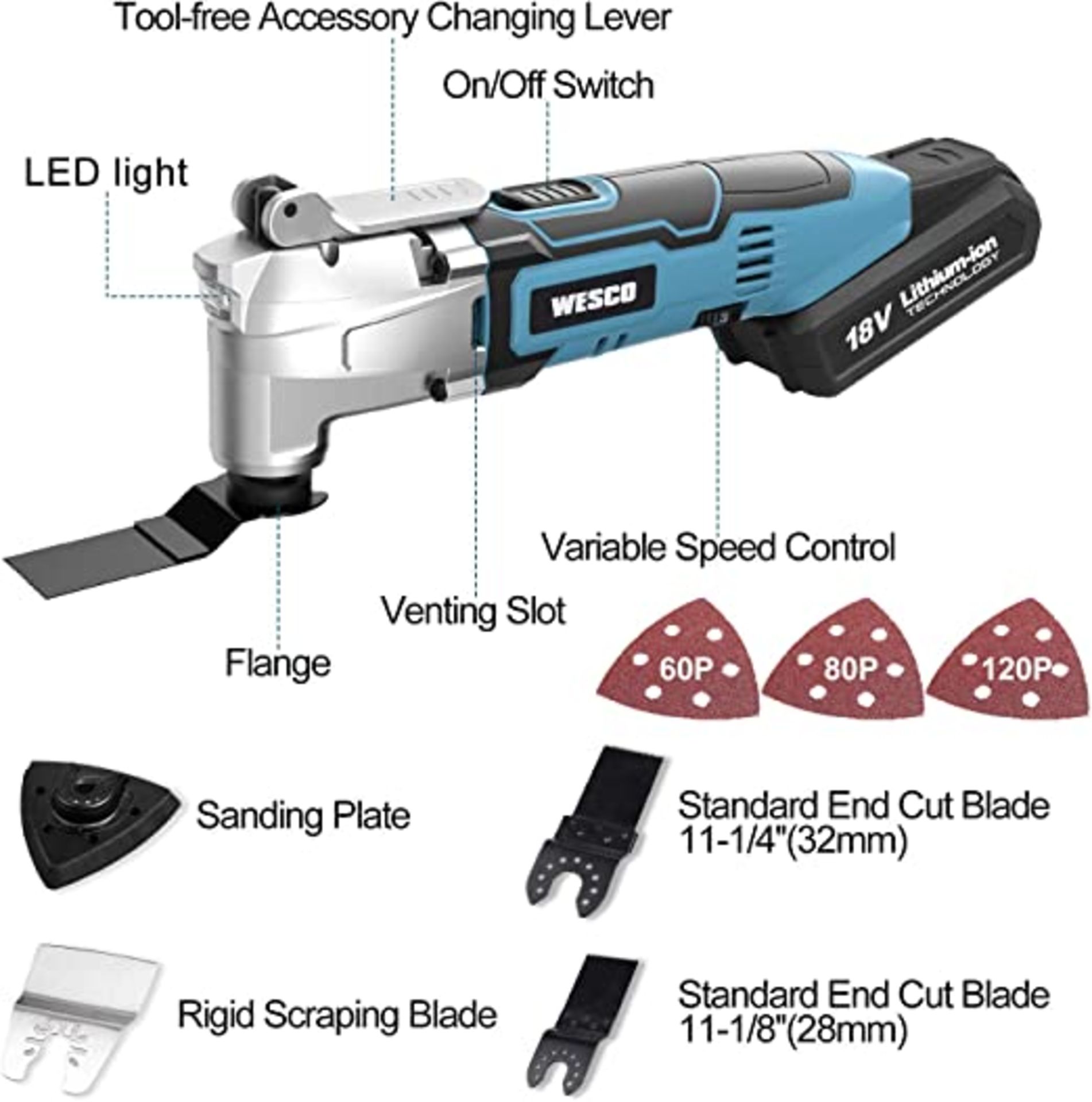 New Boxed WESCO 20V Cordless Oscillating Tool Kit, 2.0 Ah Oscillating Multi-Tool, 3° Oscillation - Image 2 of 3