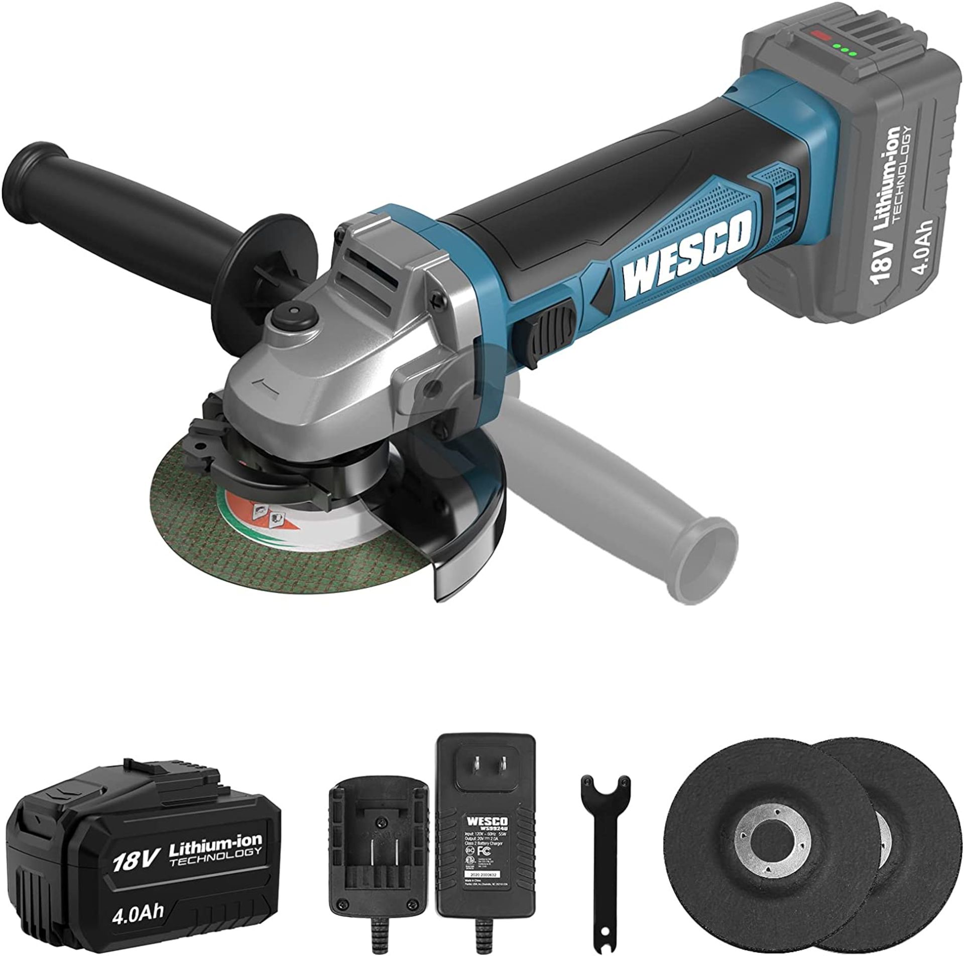 New Boxed WESCO Cordless Angle Grinder, 18V 4.0Ah Cordless Grinder, Angle Grinder Cordless with