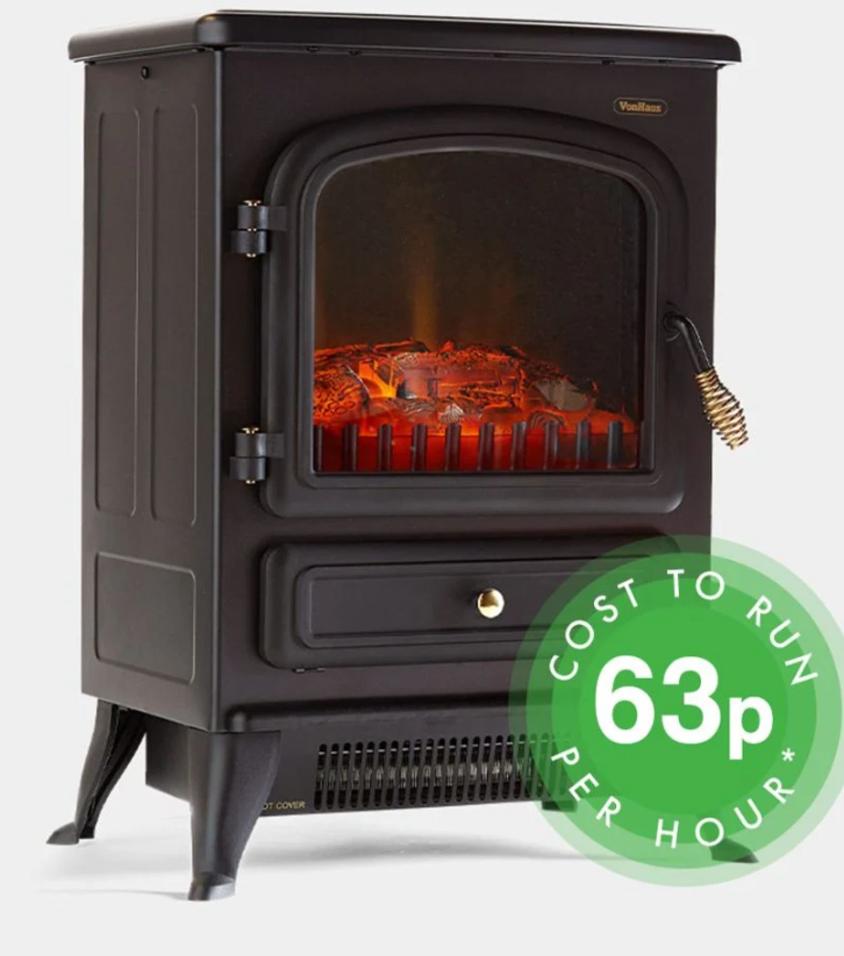 1850W Small Black Stove Heater. The electric fire heats rooms up to 53m² and benefits from two