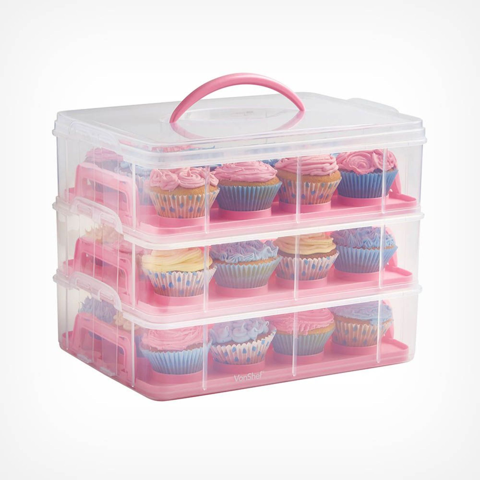 3 Tier Cupcake Carrier Pink. With this extremely handy carrier, you can store and transport up to 36