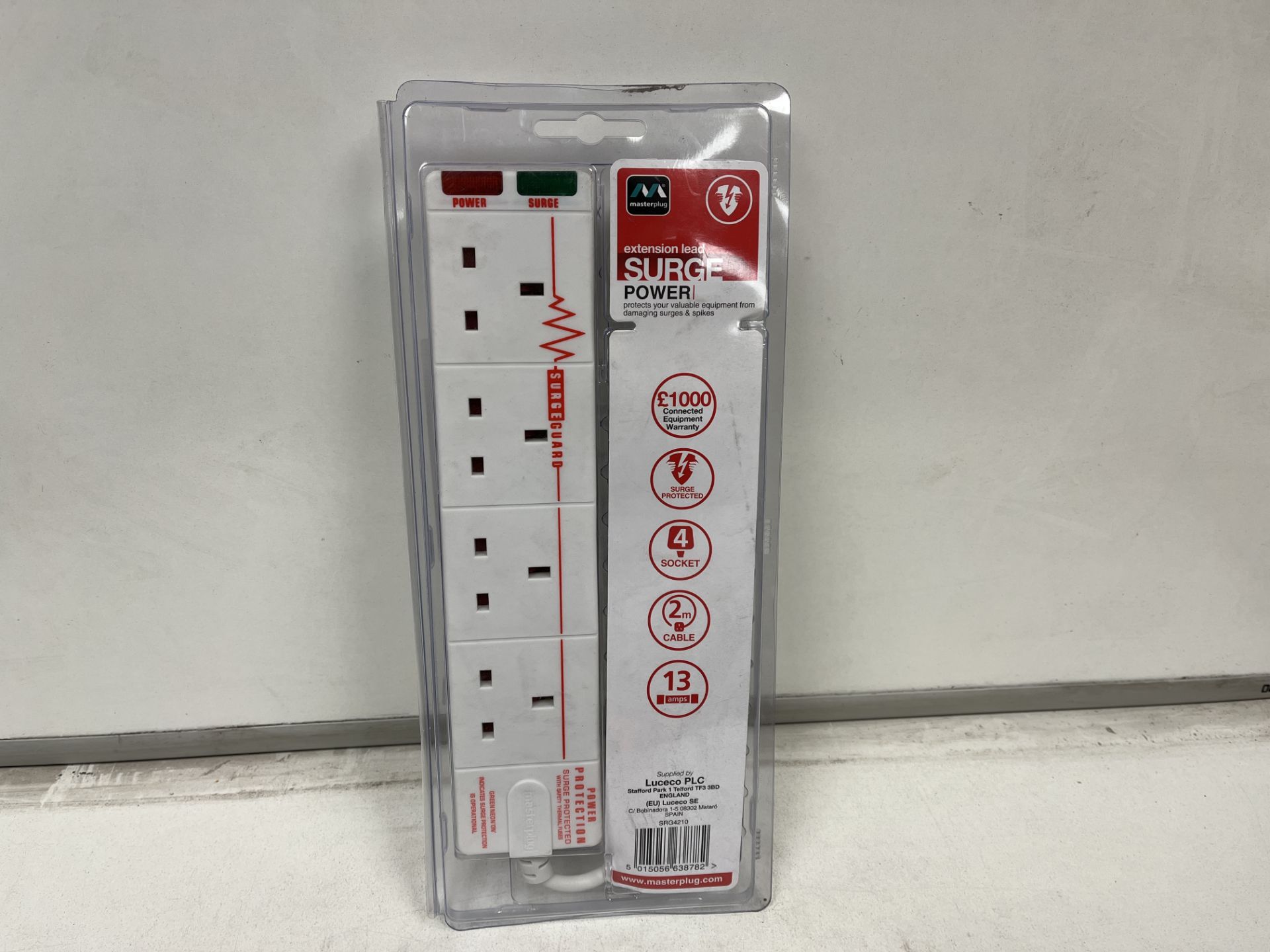 8 X NEW PACKAGED MASTERPLUG SURGE POWER EXTENSION LEAD. 4 SOCKET. 2M CABLE. 13 AMPS. ROW 15.12 RACK