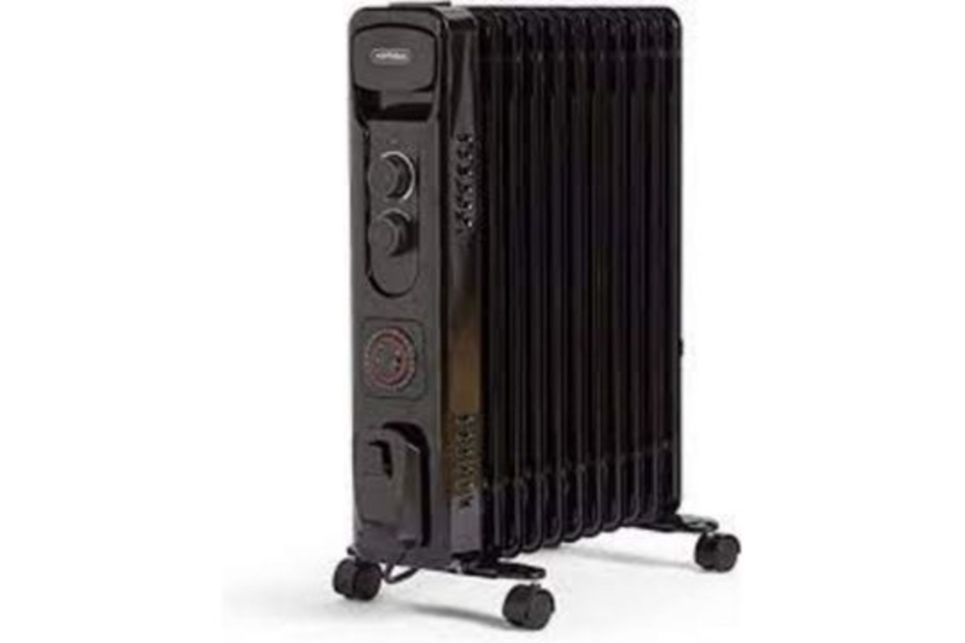 NEW BOXED 2500W 11 FIN OIL FILLED RADIATOR WITH TIMER IN BLACK. (REF047-ROW15RACK)