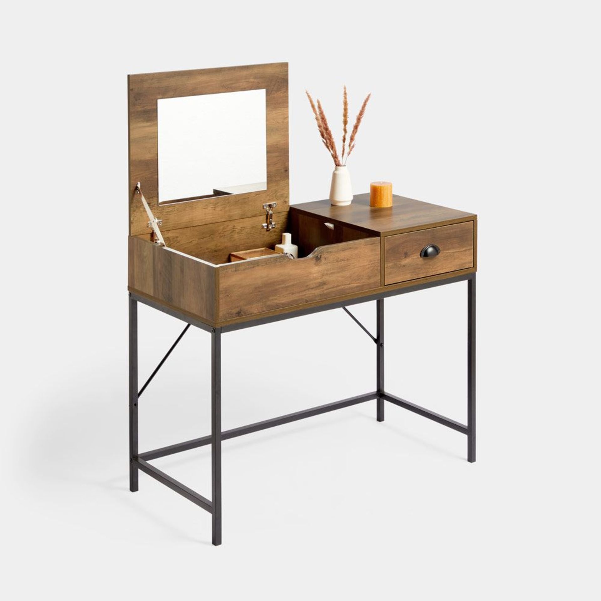Jaxon Dressing Table with Flip Up Mirror. Featuring an industrial black metal frame and natural
