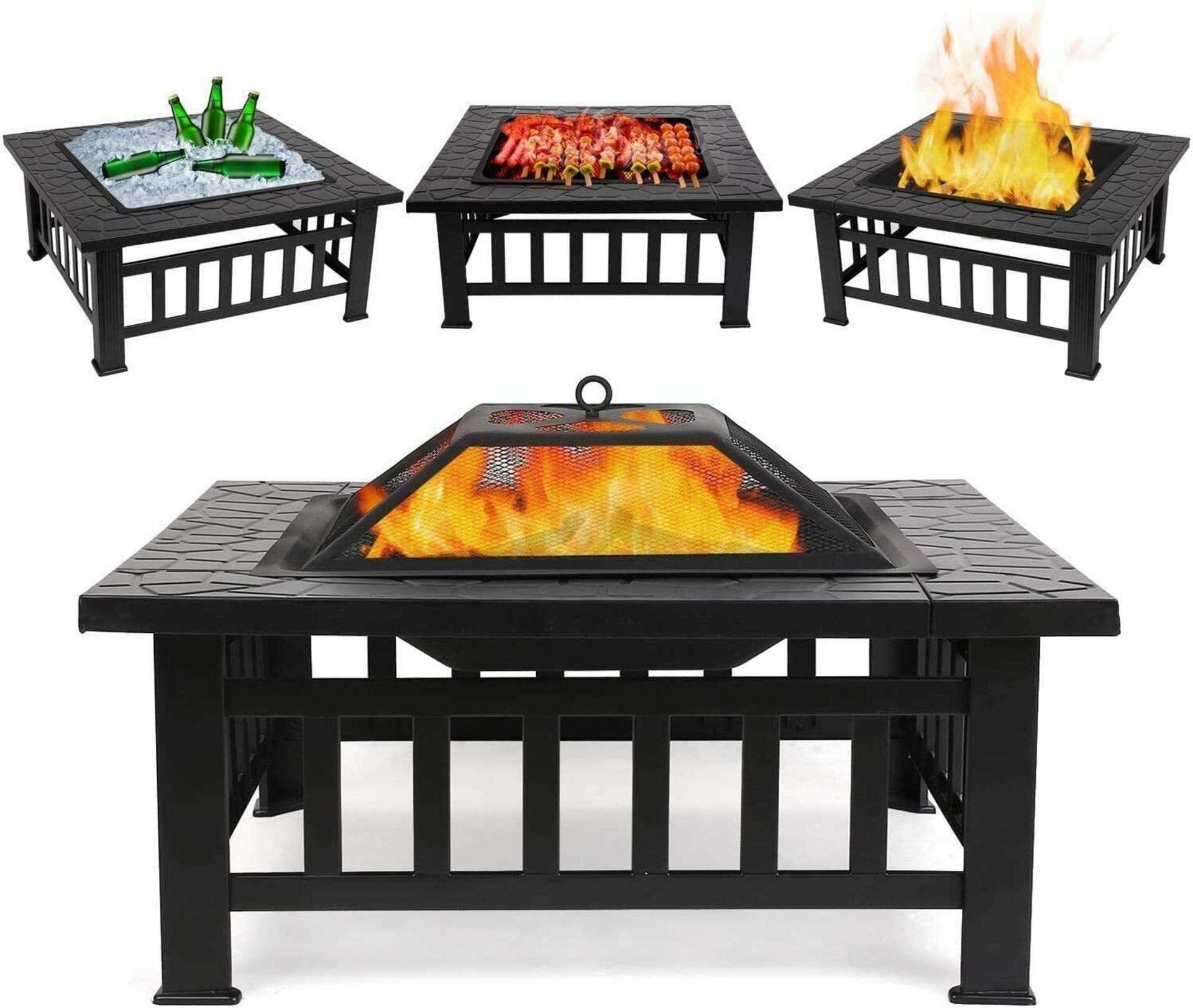 New Boxed Outdoor 3 in 1 BBQ, Large Firepit, Ice Bucket & Garden Square Table. RRP £249.99. Planning