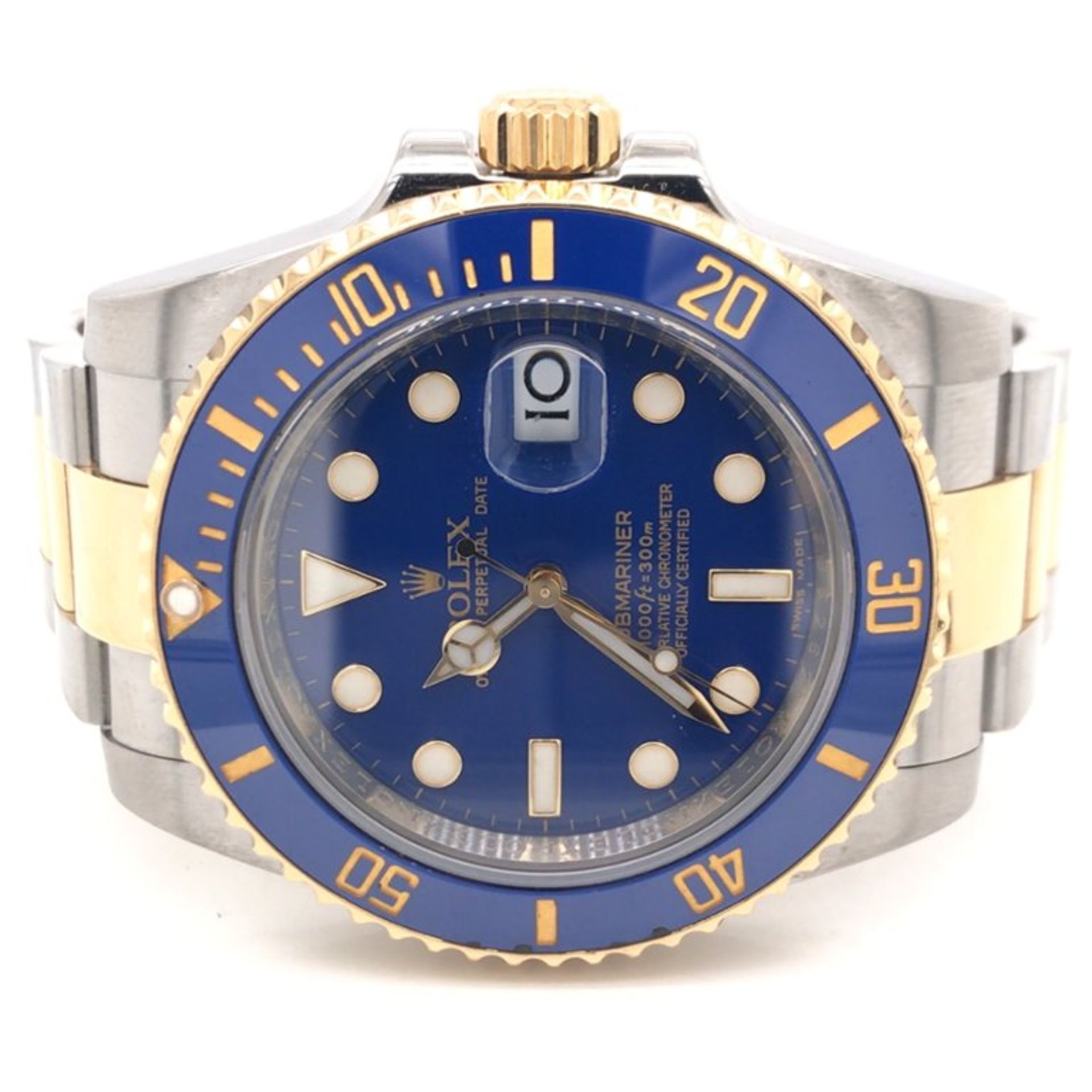A Bi-Metal Rolex Submariner Watch, Stainless steel and 18ct yellow gold with a blue bezel and a blue - Image 2 of 3