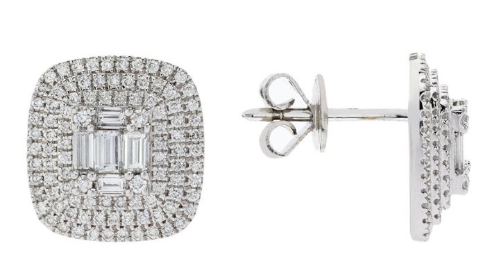 A certified 18ct white gold pair of diamond cushion shaped cluster earrings, set with 206 baguette