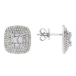 A certified 18ct white gold pair of diamond cushion shaped cluster earrings, set with 206 baguette