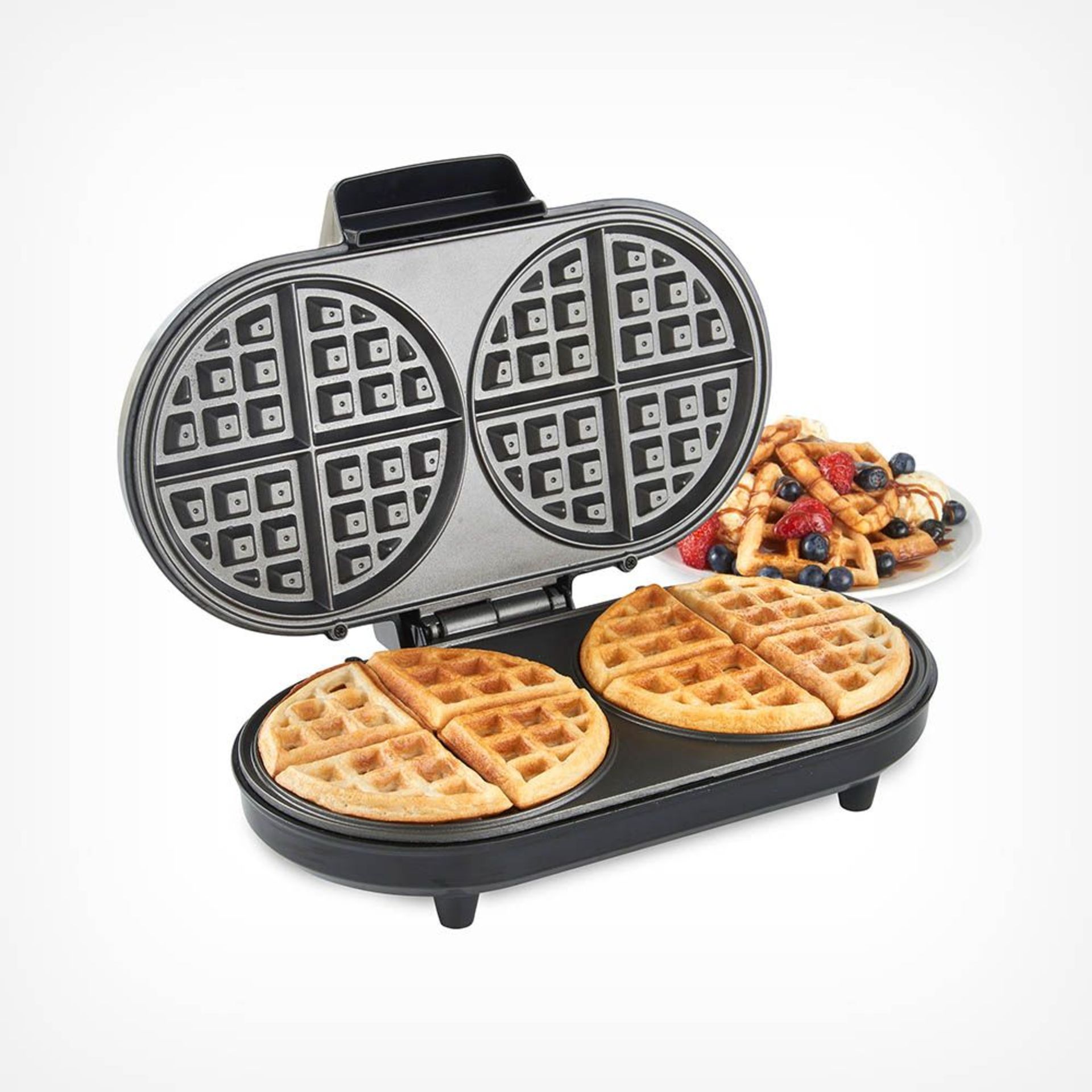 Dual Round Waffle Maker. Compact with a brushed steel finish, it suits any countertop and makes