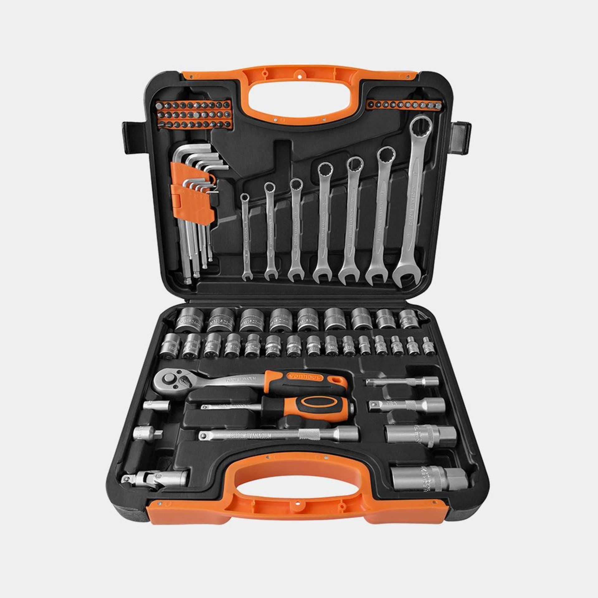 90pc Socket Set. Made from heat-treated carbon steel - and chrome vanadium bits - for enhanced