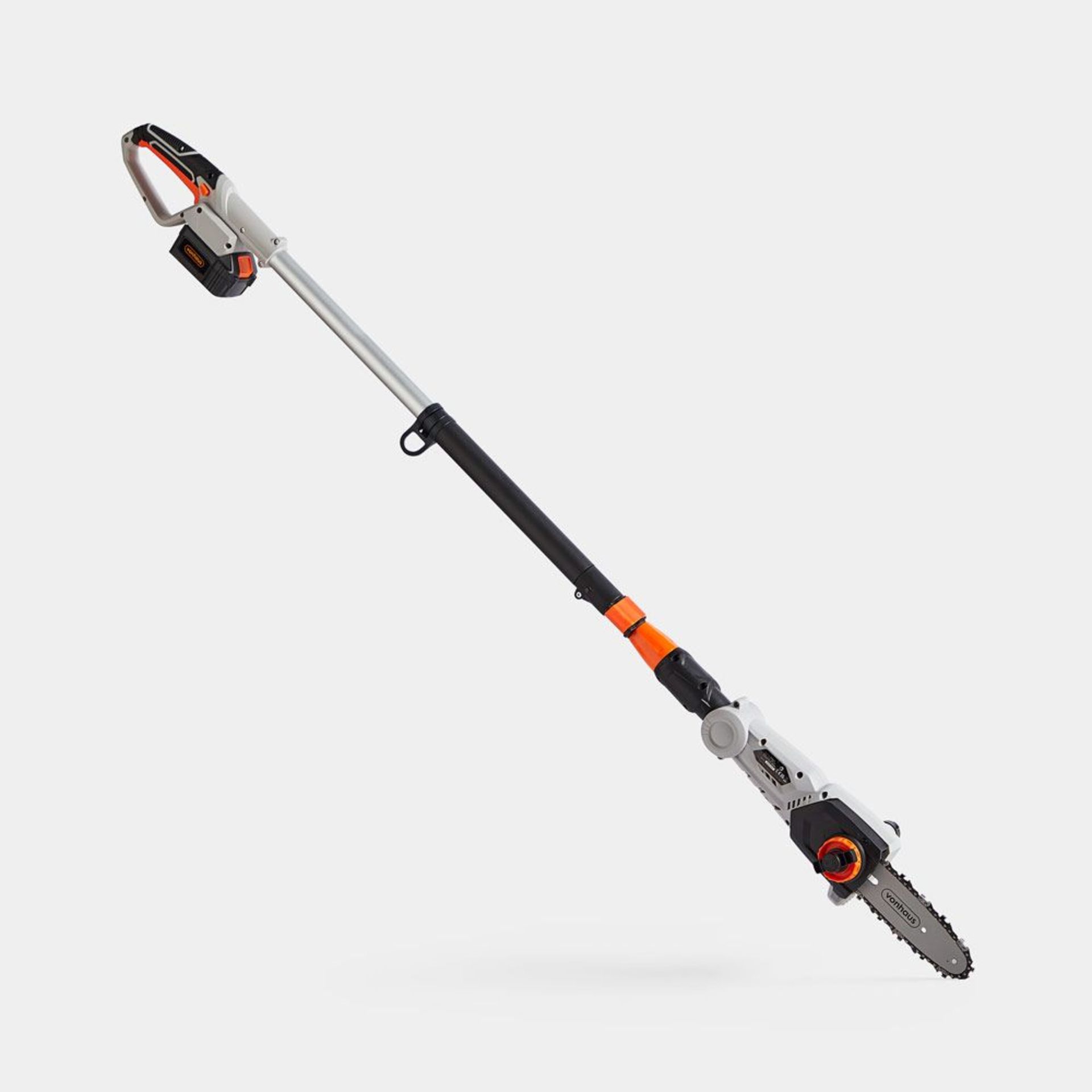 40V Cordless Pole Chainsaw. A high powered 40V battery powers the 8FT telescopic adjustable