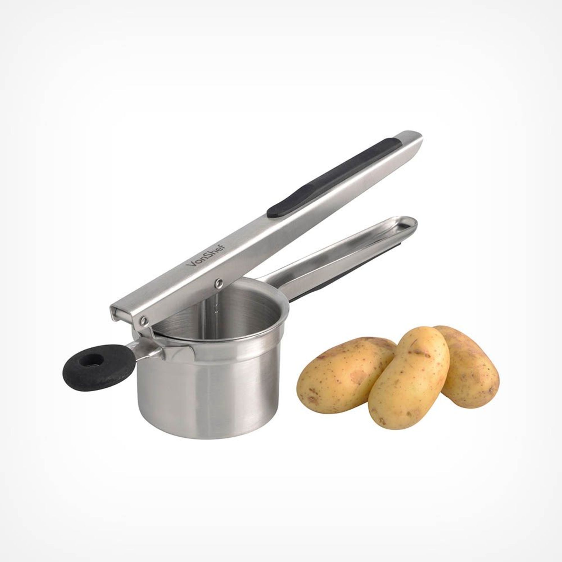 Steel Potato Ricer. The soft silicone handles make it easy to grip and provide added comfort when