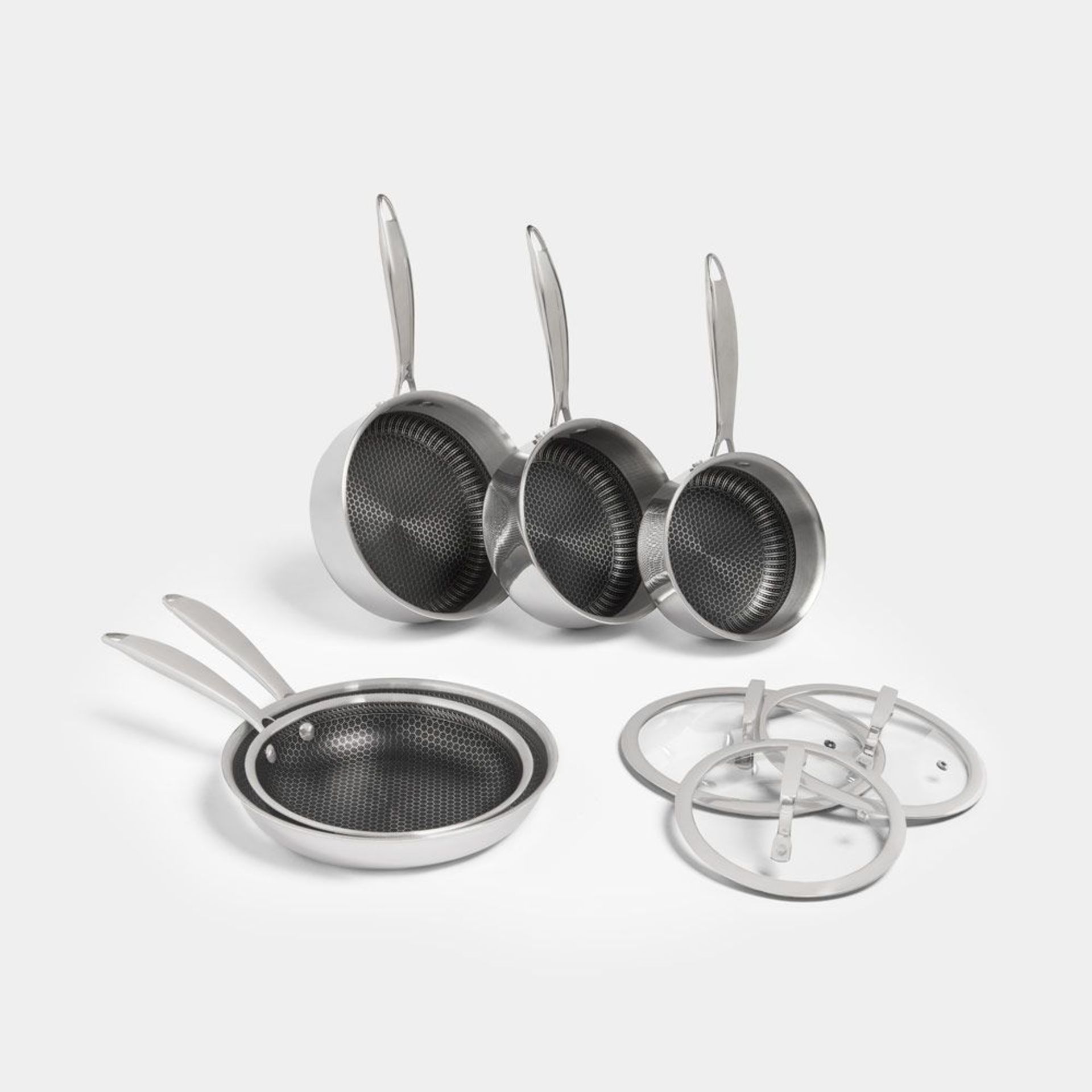 5pc Non-Stick Stainless Steel Pan Set. Including three pots and two pans in a range of sizes,