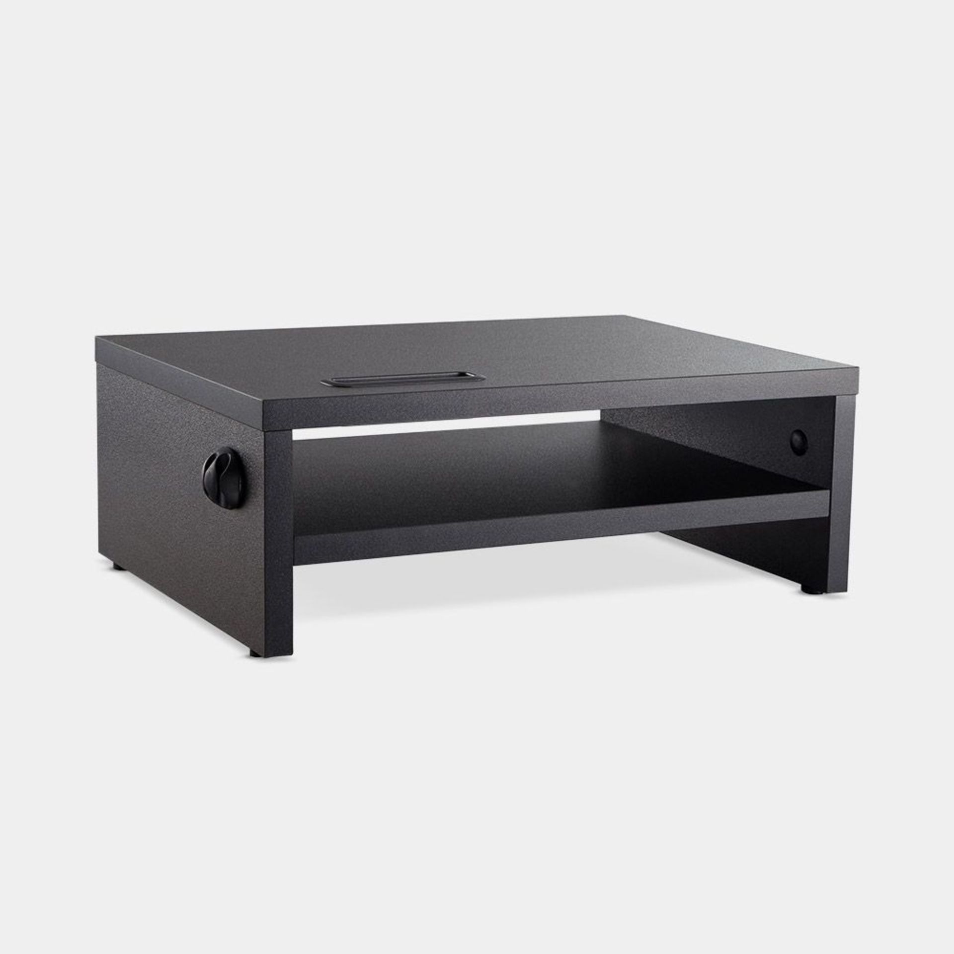 2 Tier Wood Monitor Stand. In sleek black wood, the stand has plenty of space and storage to help