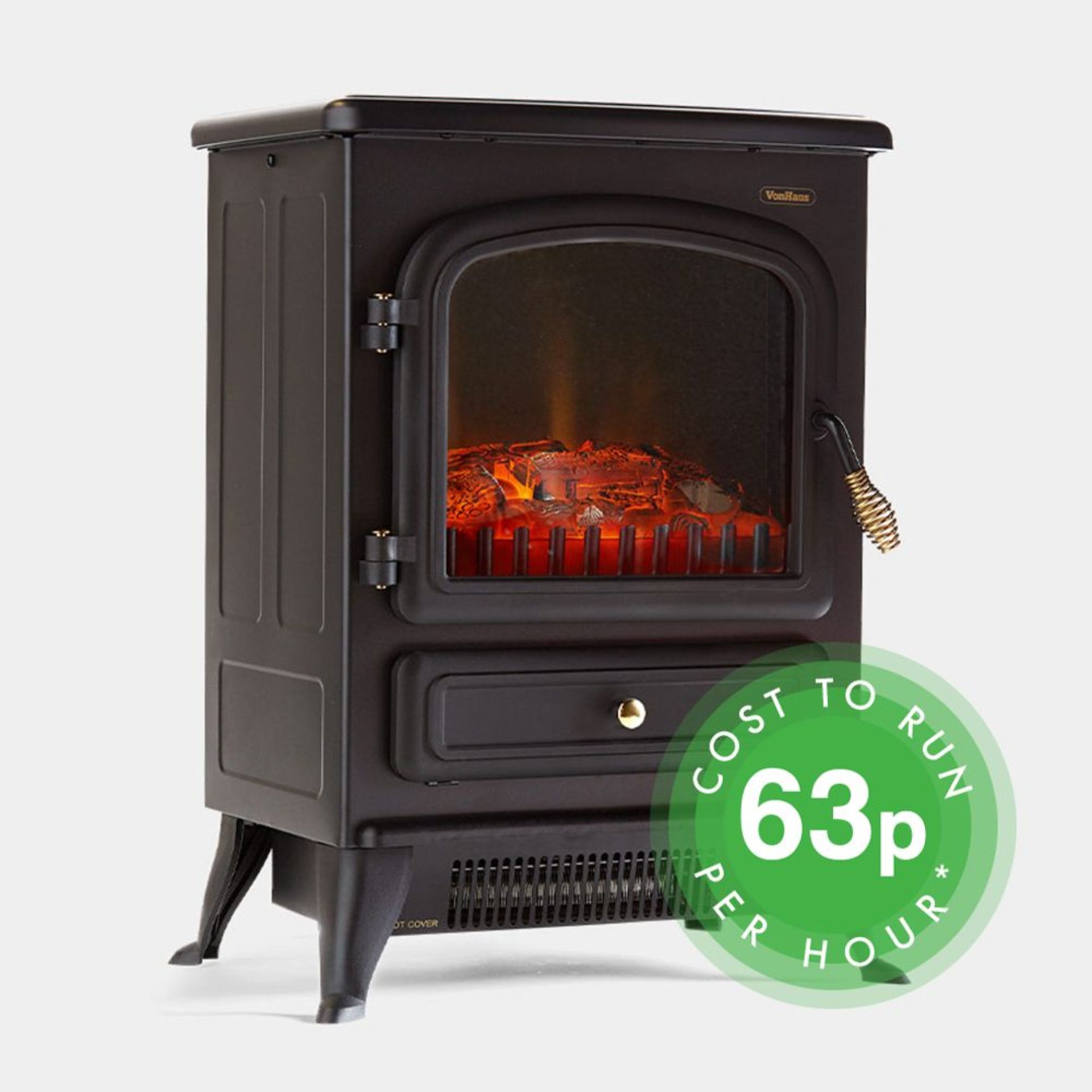 1850W Small Black Stove Heater. The electric fire heats rooms up to 53m² and benefits from two