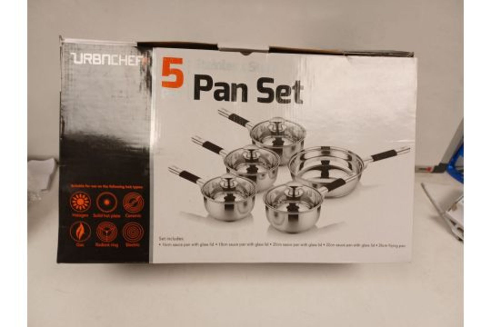 PALLET TO CONTAIN 24 X BOXED SETS OF URBNCHEF 5 PIECE STAINLESS STEEL PAN SETS. EACH SET INCLUDES: