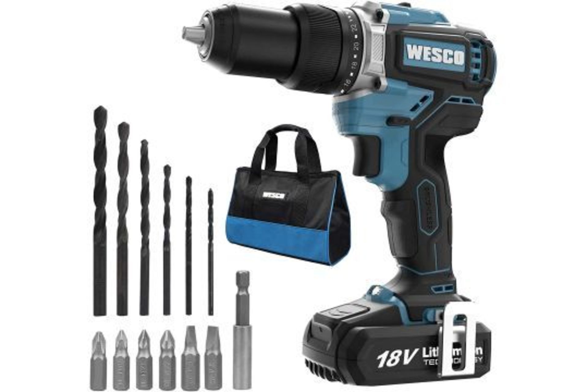 TRADE LOT 8 x New Boxed WESCO 18V 2.0Ah Cordless Combi Drill with 13 Accessories, Hammer Drill Max