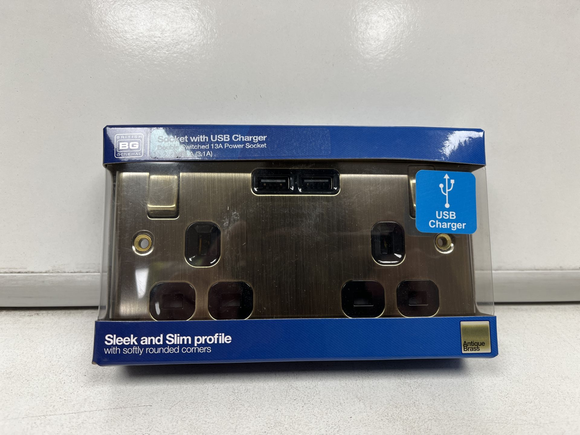 TRADE LOT 50 X NEW BOXED BG DOUBLE SOCKET WITH USB CHARGER. 13A POWER SOCKET WITH 2 USB A. SLEEK AND