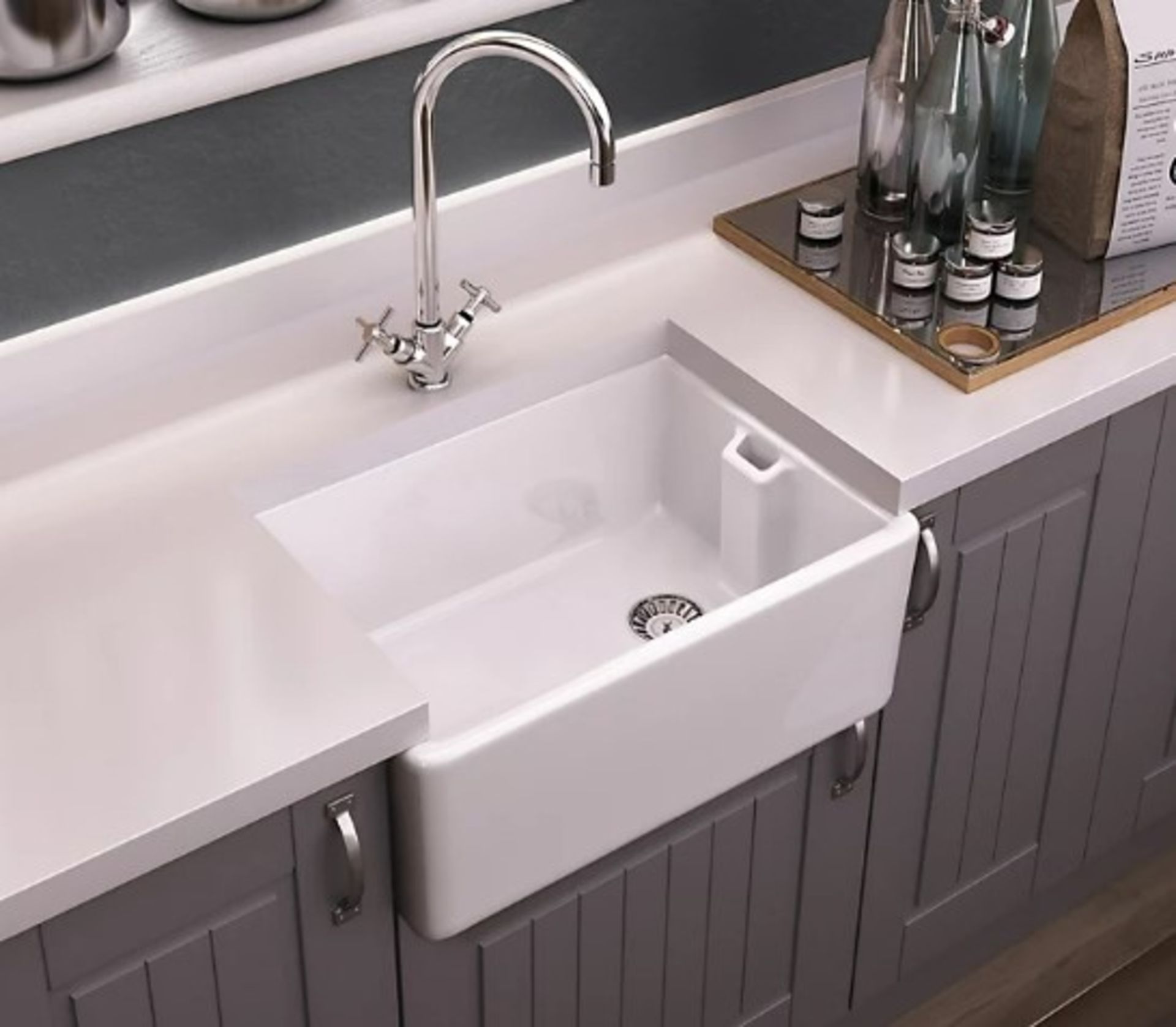 New Boxed GoodHome Hyssop Gloss White Ceramic 1 Bowl Kitchen sink. 490MM (L) X 180mm(D).