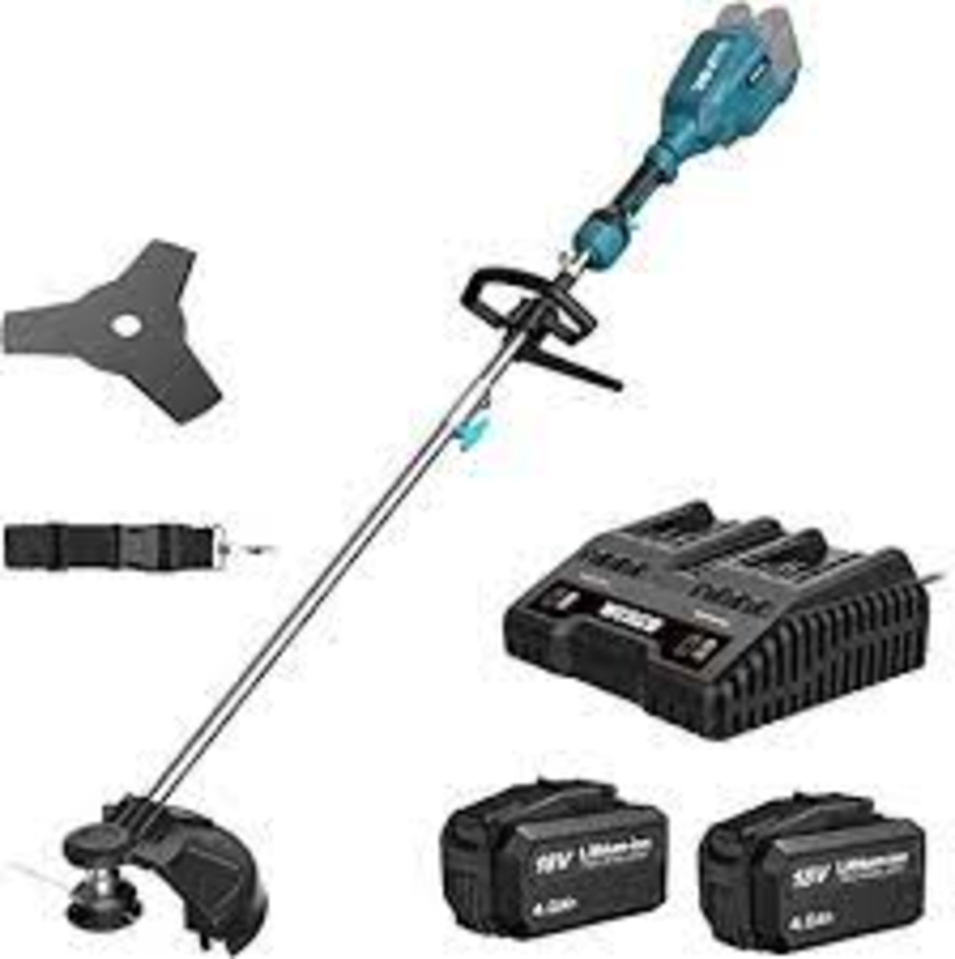 NEW BOXED WESCO 2 IN 1 BRUSH CUTTER WITH GRASS TRIMMER. 18V. INCLUDES 2 X 18V BATTERIES & CHARGER.