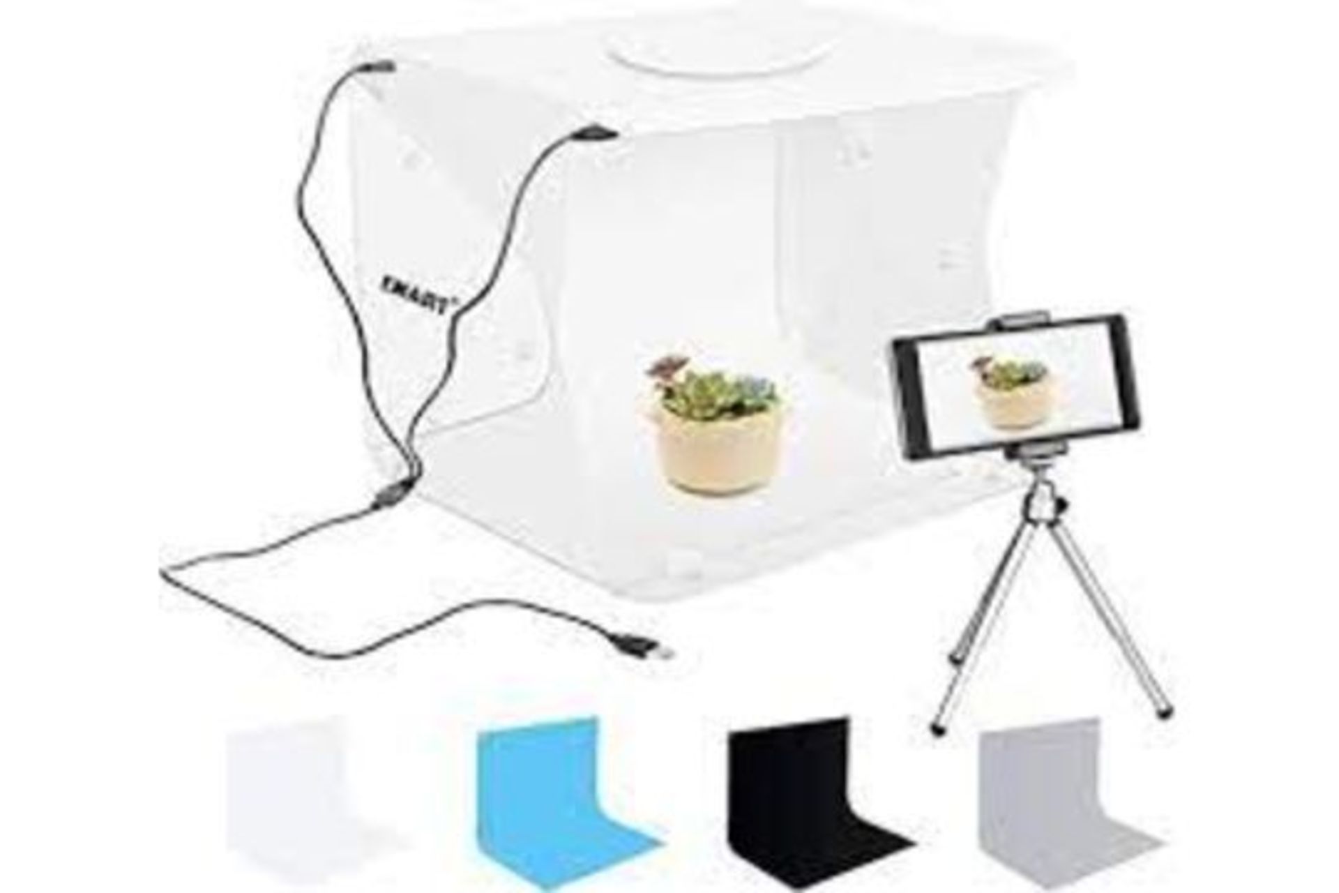 6 X BRAND NEW PROFESSIONAL PORTABLE PHOTO BOX INCLUDING PHOTO STUDIO, 2 X BACKGROUND CLOTH, 1 USB