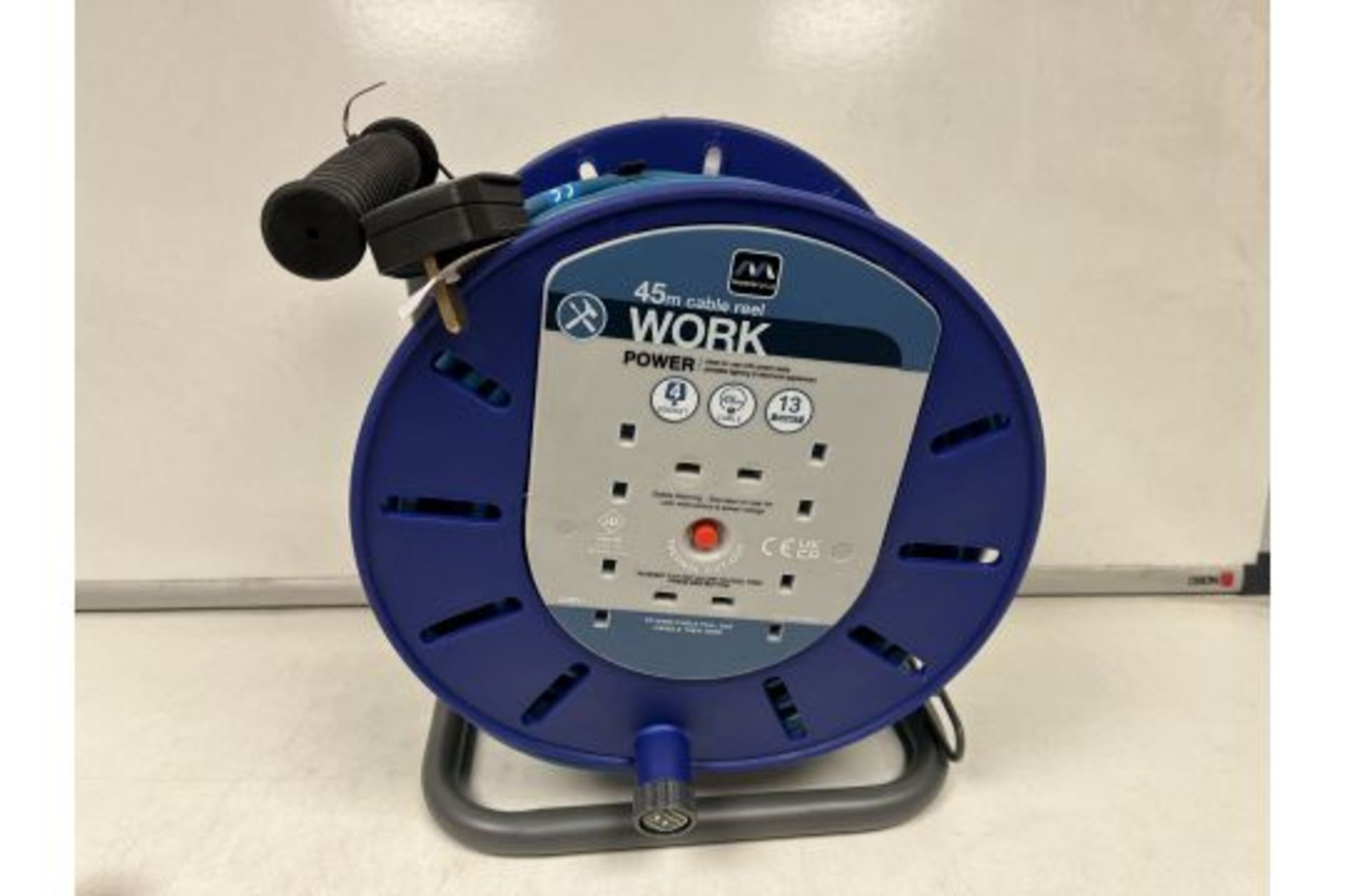 2 X NEW BOXED MASTERPLUG 45M CABLE REEL. WORK POWER. 4 SOCKET. 45M CABLE. 13 AMPS WITH THERMAL CUT