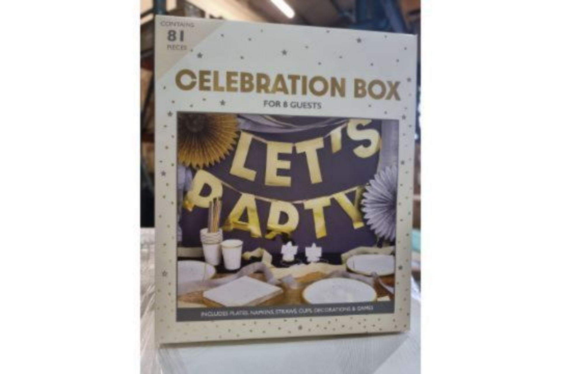 TRADE LOT 96 x NEW 81 PIECE CELEBRATION BOXES FOR 8 GUESTS. INCLUDES: PLATES, NAPKINS, STRAWS, CUPS,