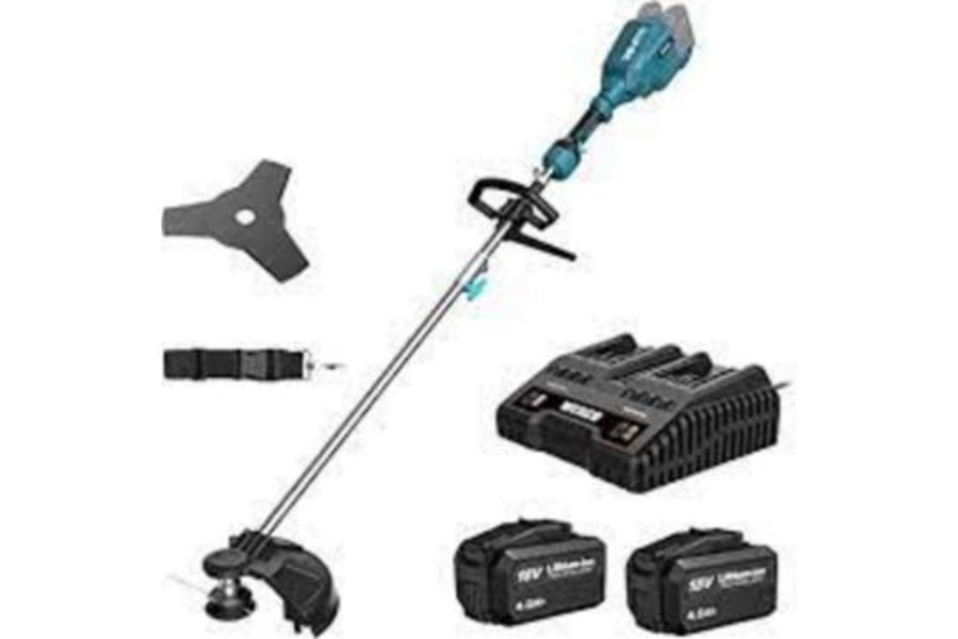 NEW BOXED WESCO 2 IN 1 BRUSH CUTTER WITH GRASS TRIMMER. 18V. INCLUDES 2 X 18V BATTERIES & CHARGER.