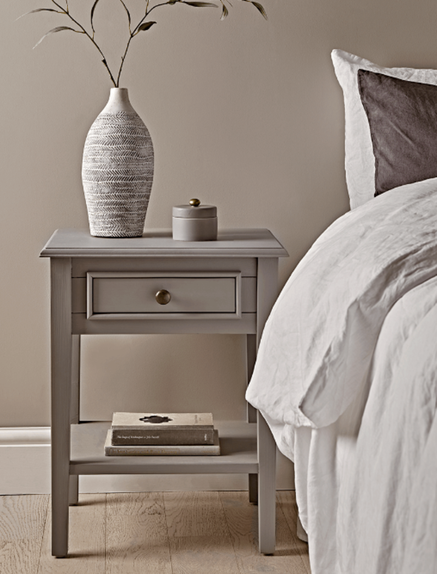 Cox & Cox Camille Bedside Table - Grey. RRP £455.00. With a warm grey painted finish and a slender