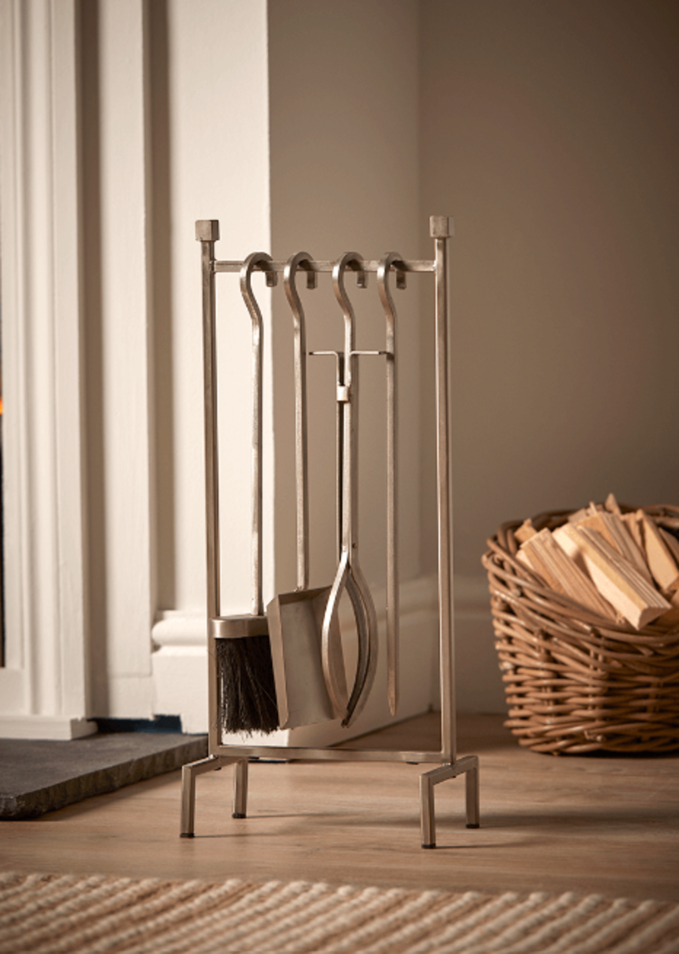Cox & Cox Iron Hanging Fireside Set - Silver. RRP £100.00. With poker, shovel, tongs and brush,