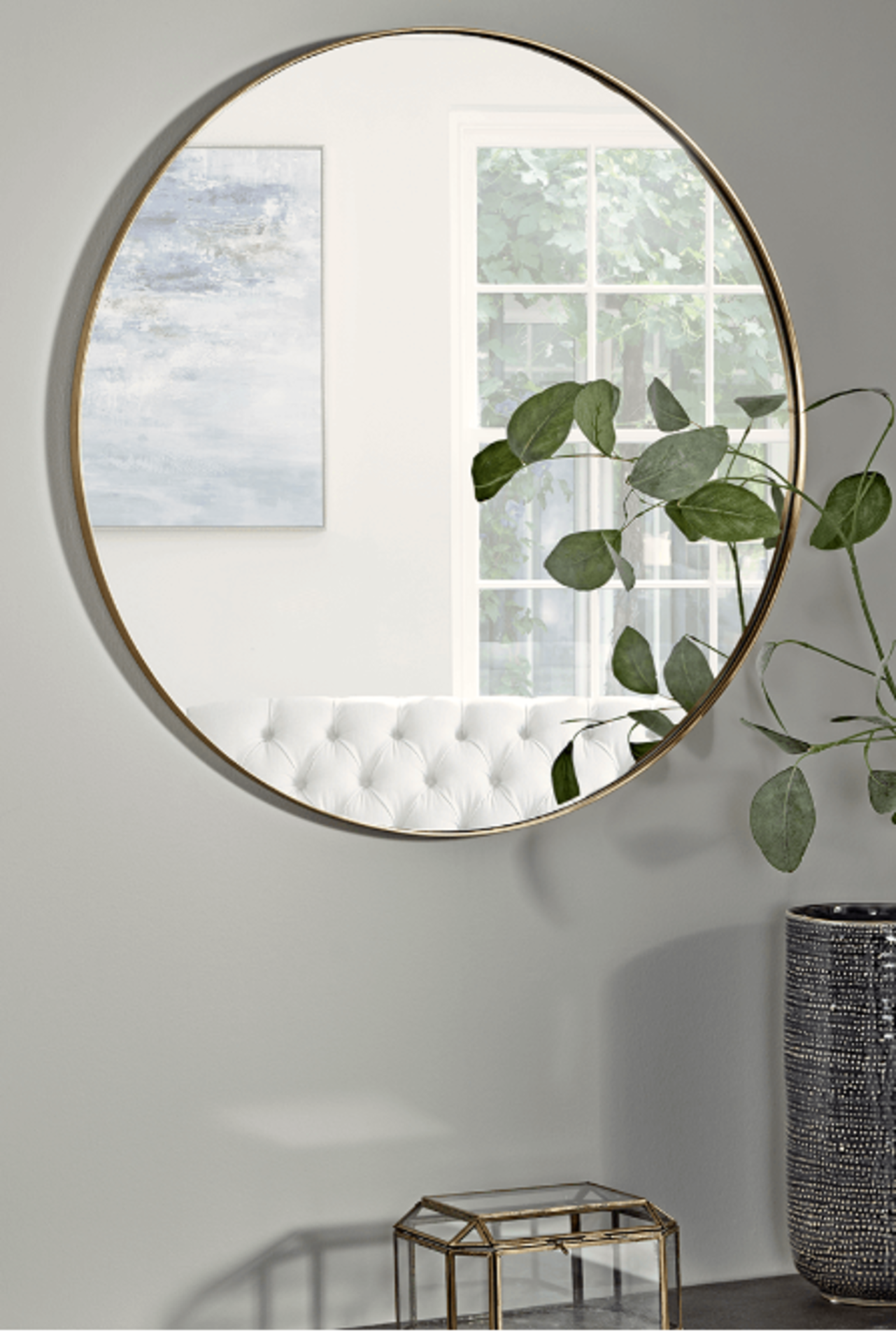 Cox & Cox Antique Brass Slim Frame Round Mirror. RRP £225.00. Simple and contemporary, our elegant