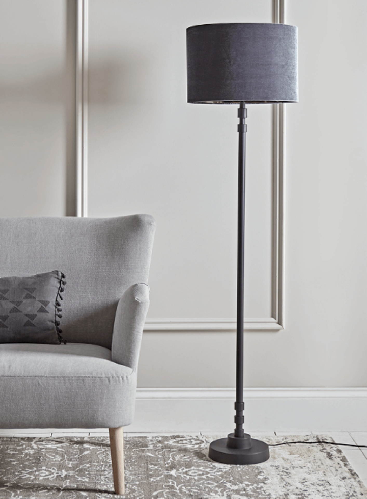 Cox & Cox Grey & Black Floor Lamp RRP £305.00. With a tall form, slender base and barrel shaped