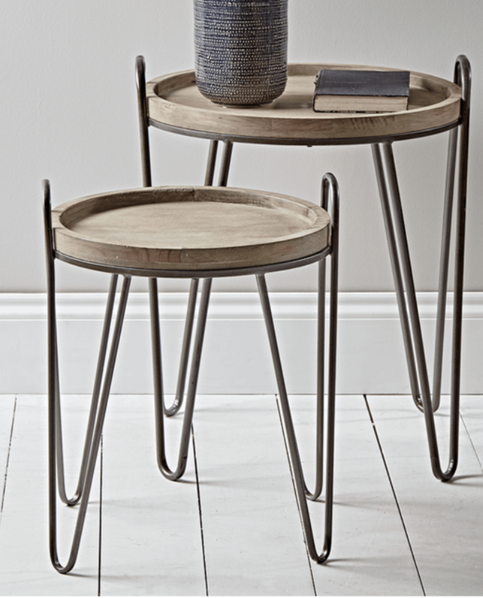 Two Hairpin Nesting Side Tables. RRP £395.00. With round tops made from rustic fir, four legs and