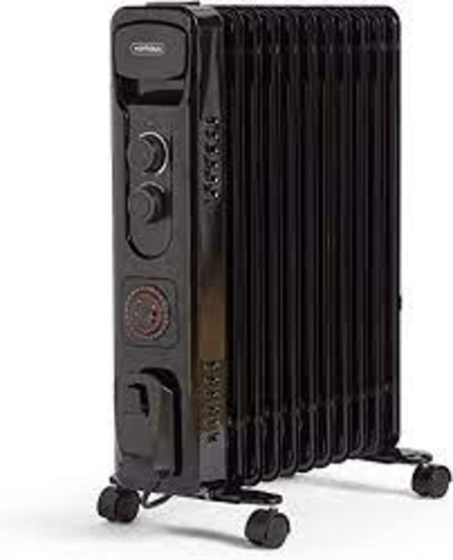 NEW BOXED 2500W 11 FIN OIL FILLED RADIATOR WITH TIMER IN BLACK. (REF047-ROW15RACK)