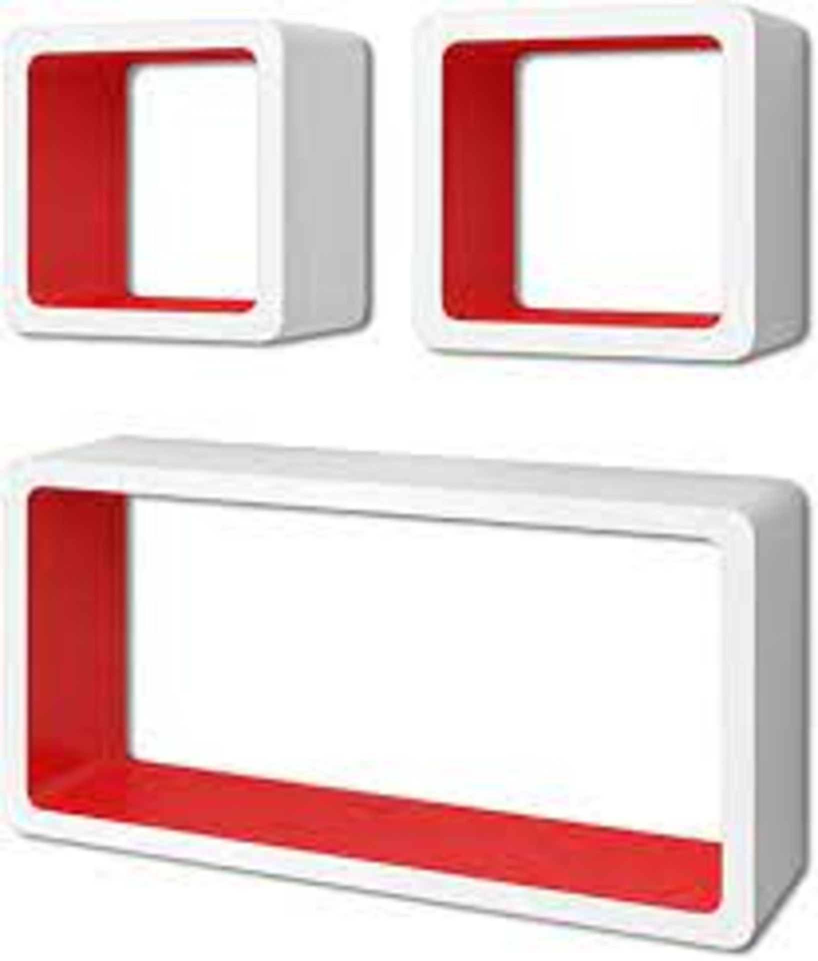 10 X NEW PACKAGED SETS OF 3 FLOATING WALL CUBE SHELFS IN WHITE & RED. HW-3P006W/R