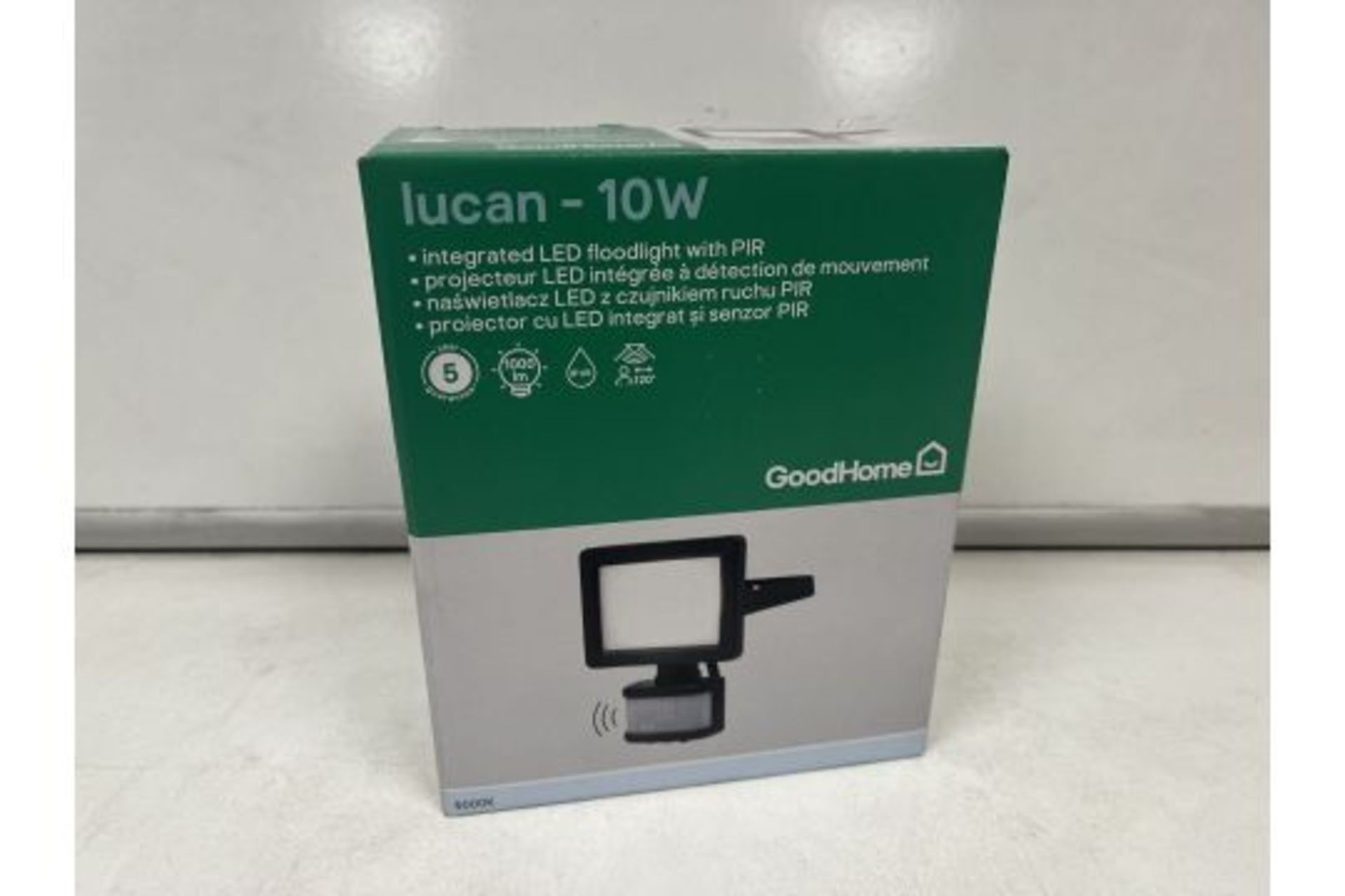8 X NEW BOXED GOODHOME LUCAN 10W INTEGRATED LED FLOODLIGHT WITH PIR. 1000 LUMENS. ROW5.8RACK