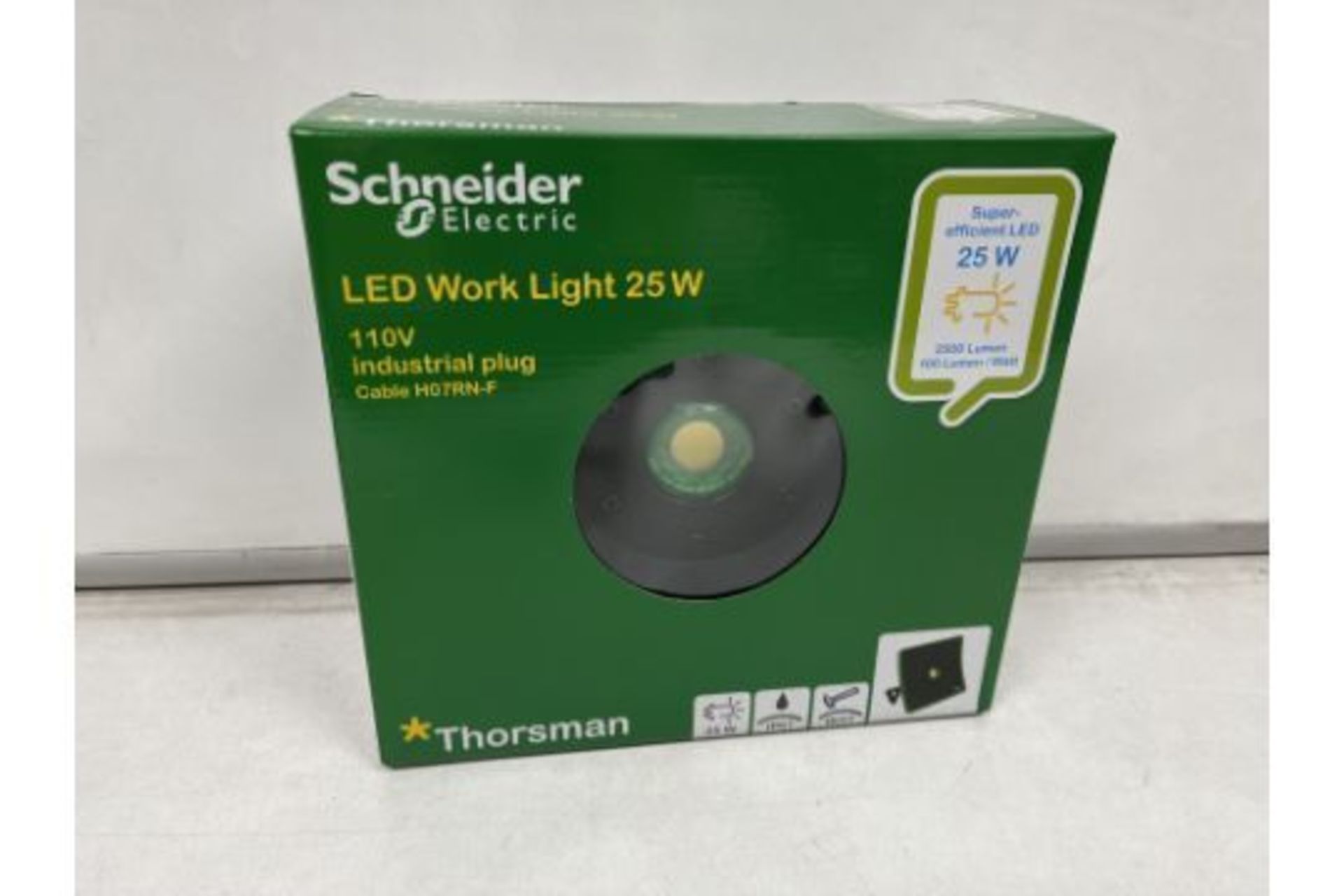 4 x NEW BOXED SCHNEIDER ELECTRIC LED WORK LIGHTS. 25W. 110V. CABLE H07RN-F. SUPER EFFICENT LED