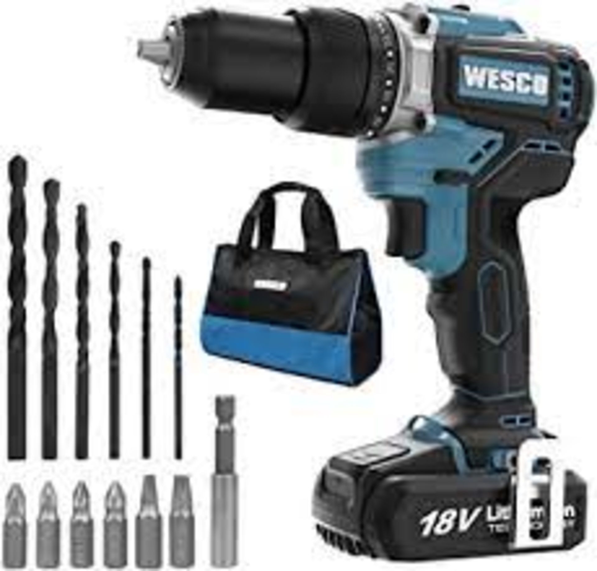 New Boxed WESCO 18V 2.0Ah Cordless Combi Drill with 13 Accessories, Hammer Drill Max Torque 60 N.