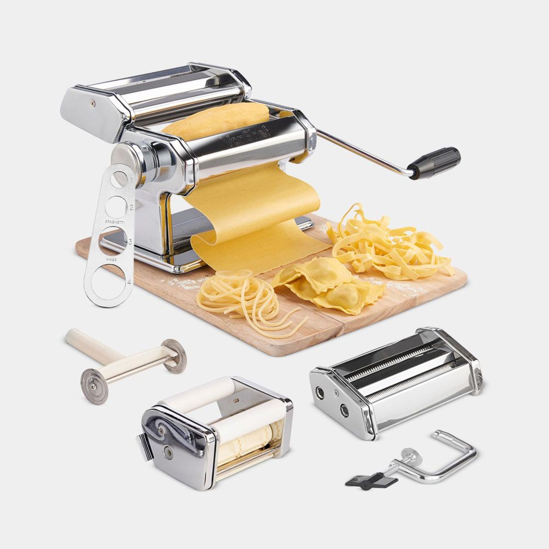 Manual Pasta Machine. - BI. Use one of the 4 Pasta Cutting Rollers to make fresh Spaghetti,